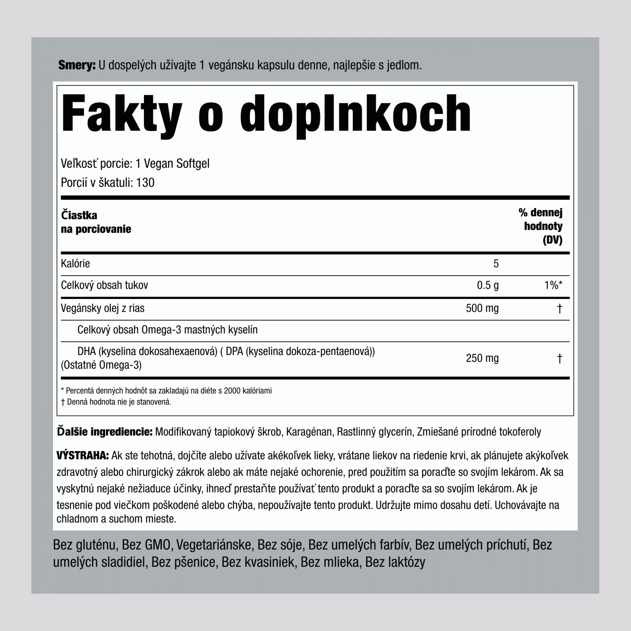 Omega-3 z riasy, vegánsky, 500 mg, 130 rastlinných kapsúl