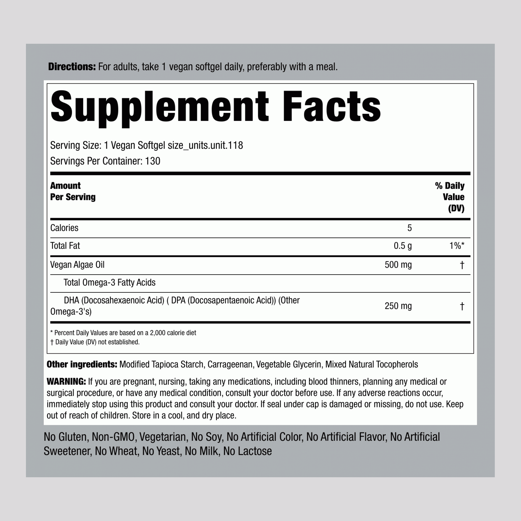 Omega-3 藻油素食膠囊，500 毫克，130 顆膠囊