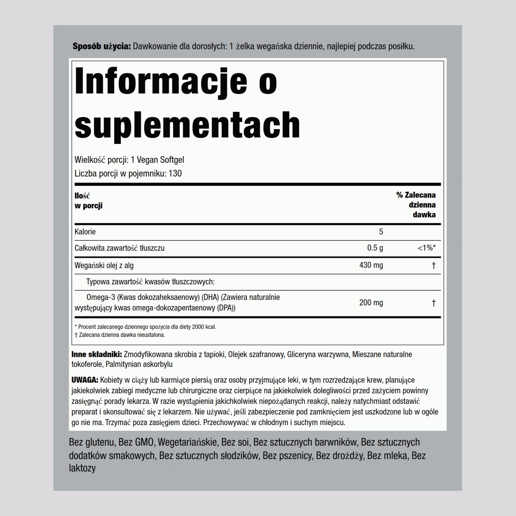 Olej z alg Omega-3, 500 mg, 130 kapsułek wegańskich, 2 butelki