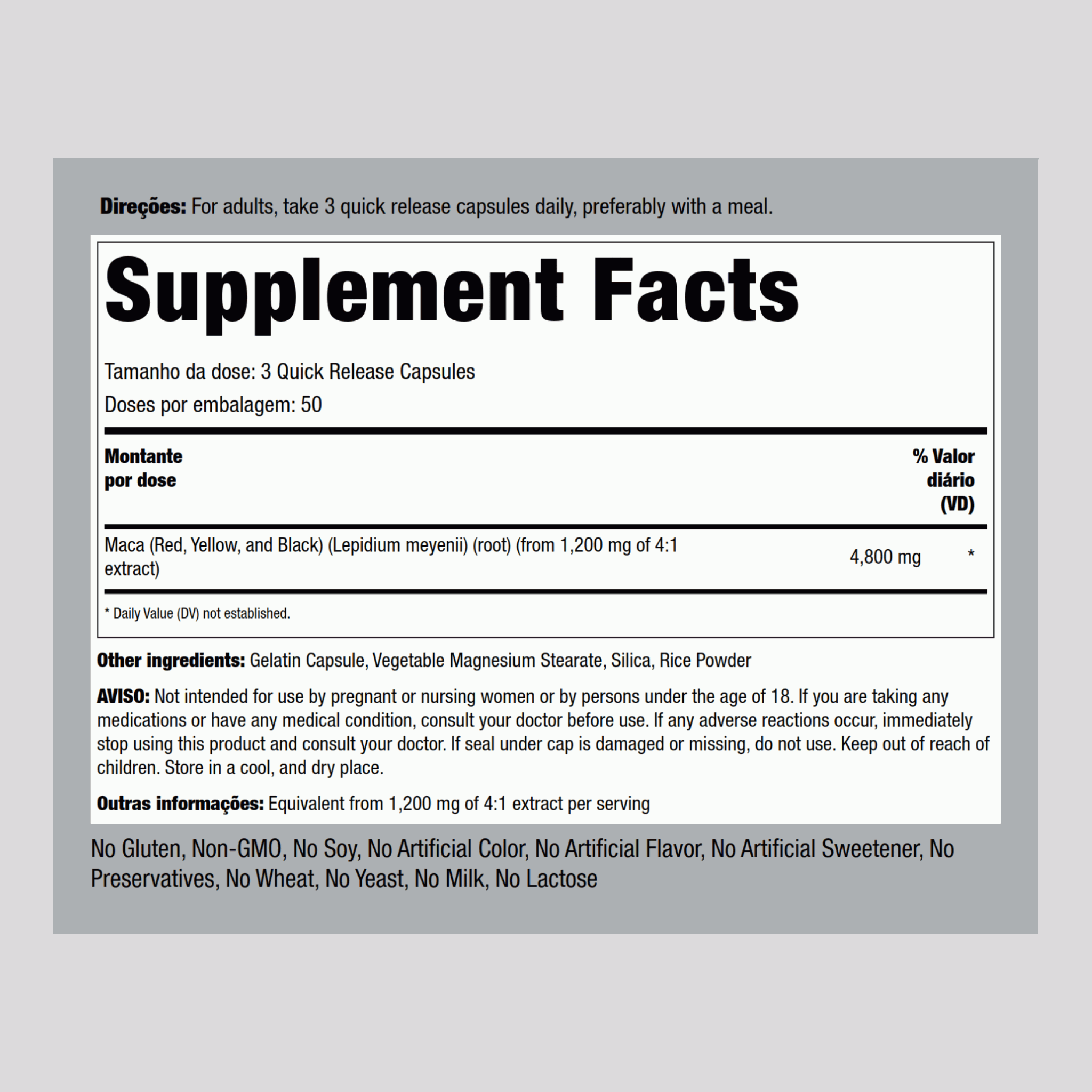 Maca,  4800 mg (par portion) 150 Gélules à libération rapide