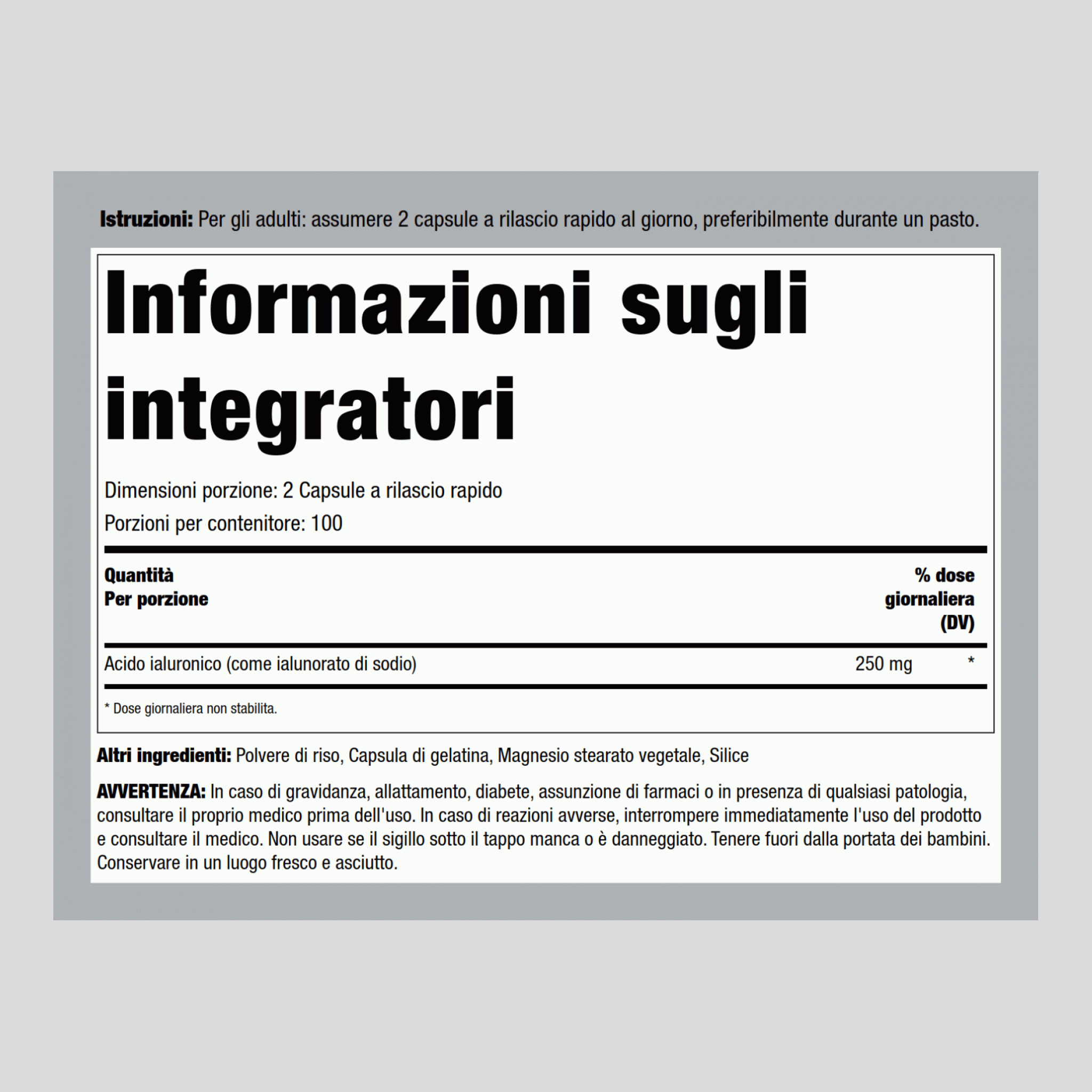 Acido ialuronico per articolazioni  250 mg (per dose) 200 Capsule a rilascio rapido 2 Bottiglie   