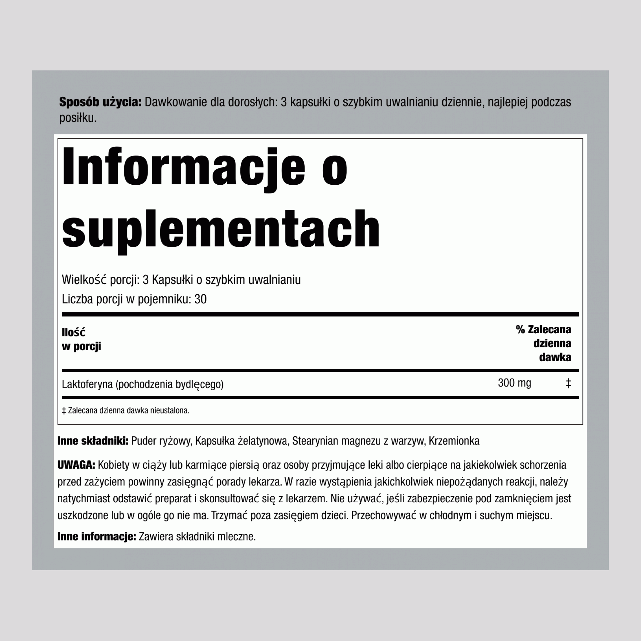 Laktoferyna  300 mg (na porcję) 90 Kapsułki o szybkim uwalnianiu    