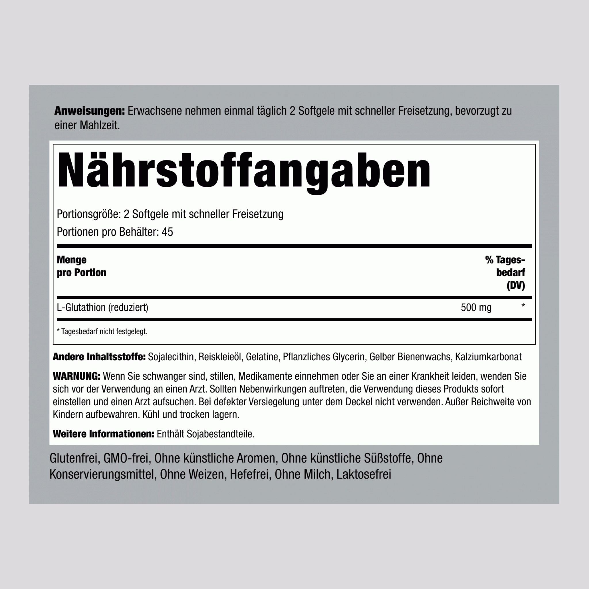 Liposomales L-Glutathion (reduziert) 500 mg (pro Portion) 90 Softgele mit schneller Freisetzung 2 Flaschen  