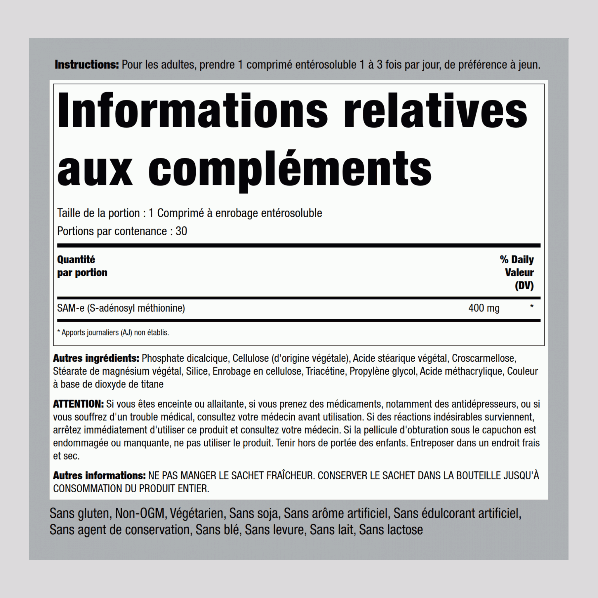 SAMe Comprimés à enrobage gastro-résistant 400 mg 30 Petits comprimés enrobés entérosolubles     