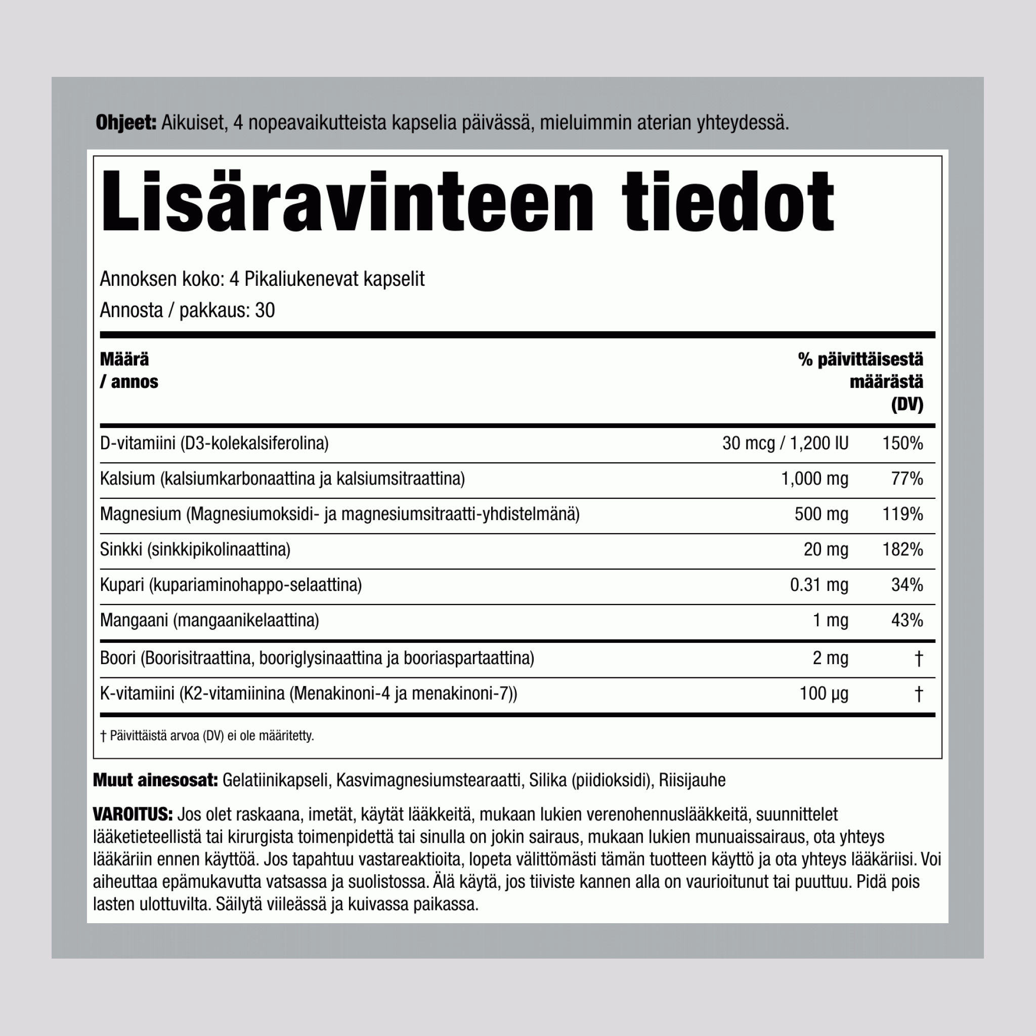 Tukea luille, sisältää K2-vitamiinia 120 Pikaliukenevat kapselit       