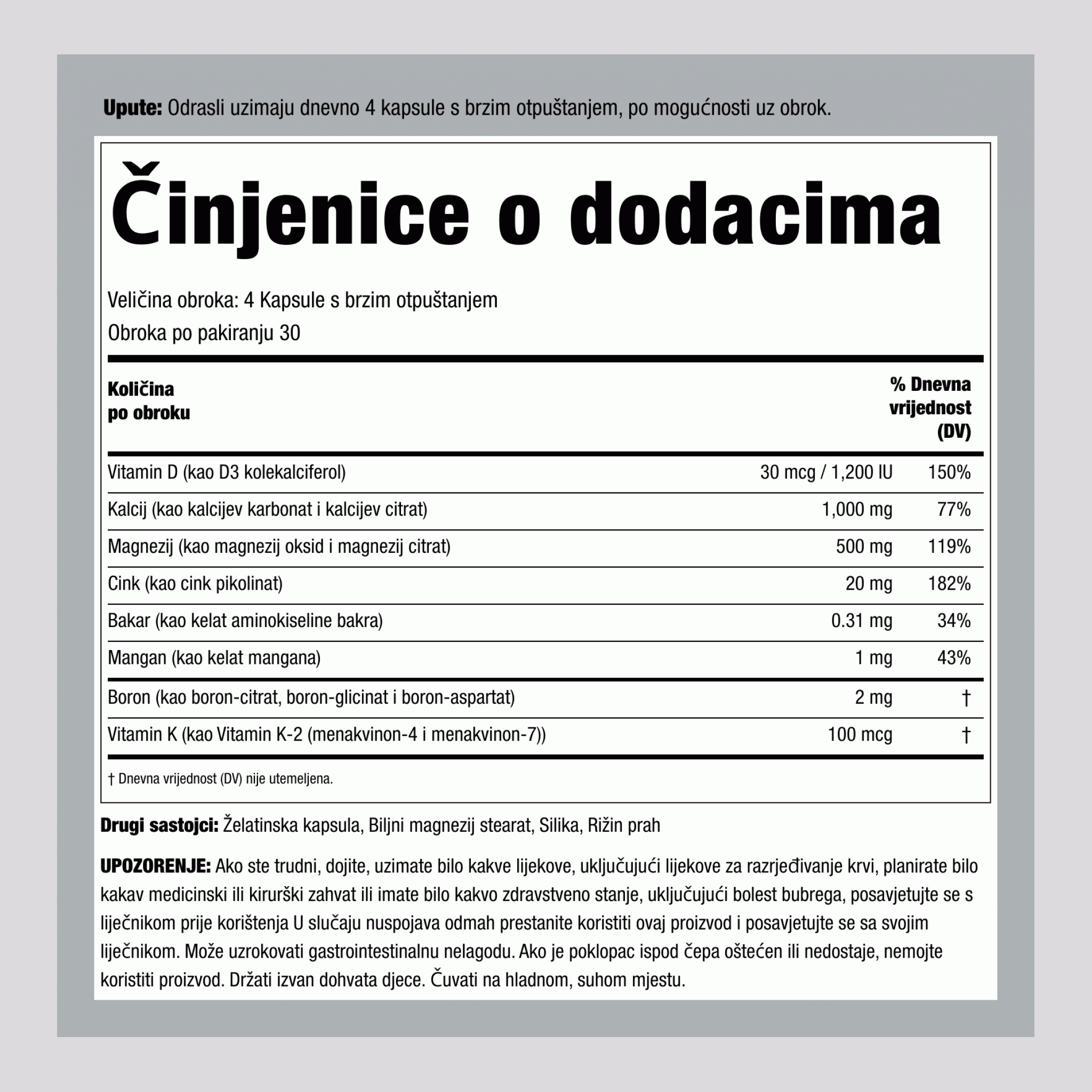 Dodatak za jačanje kostiju s vitaminom K2 120 Kapsule s brzim otpuštanjem       