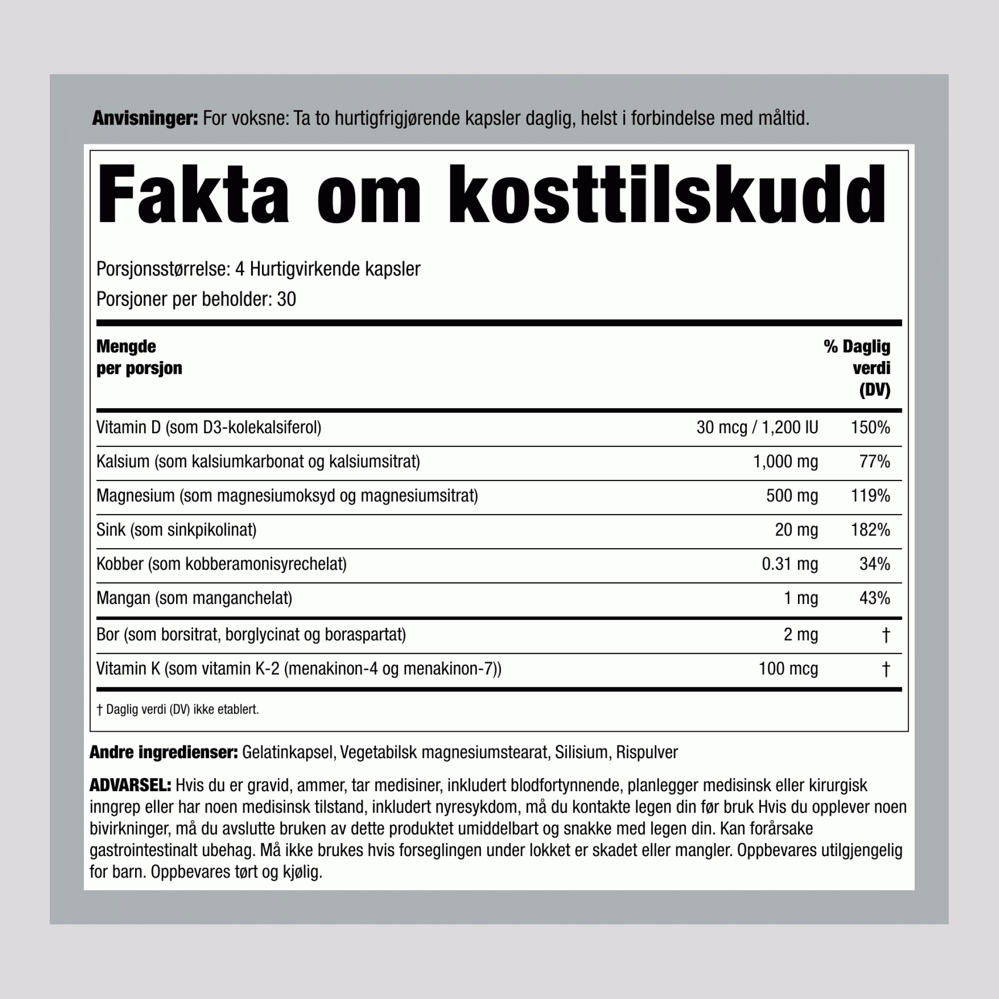 Godt for skjelettet, inneholder også vitamin K2 120 Hurtigvirkende kapsler       