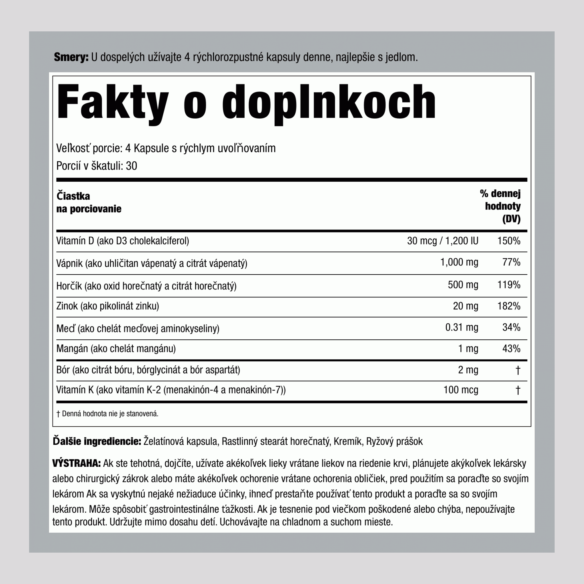 Podpora kostí s vitamínom K2 120 Kapsule s rýchlym uvoľňovaním       