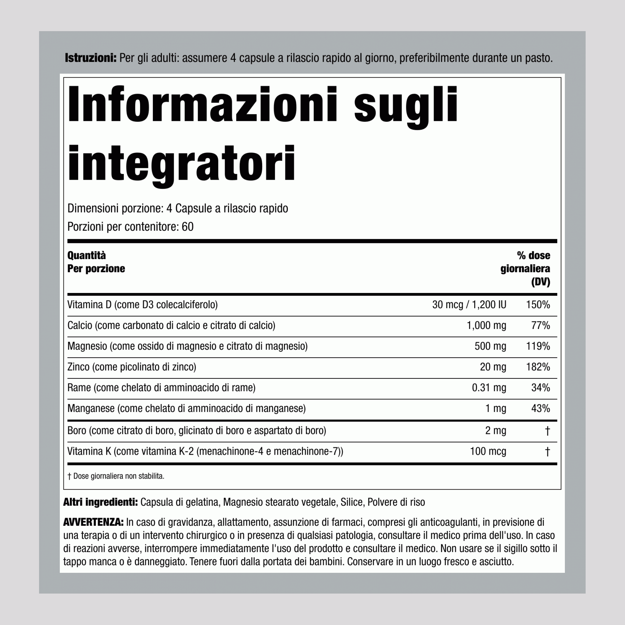 Supporto osseo con vitamina K2 240 Capsule a rilascio rapido       