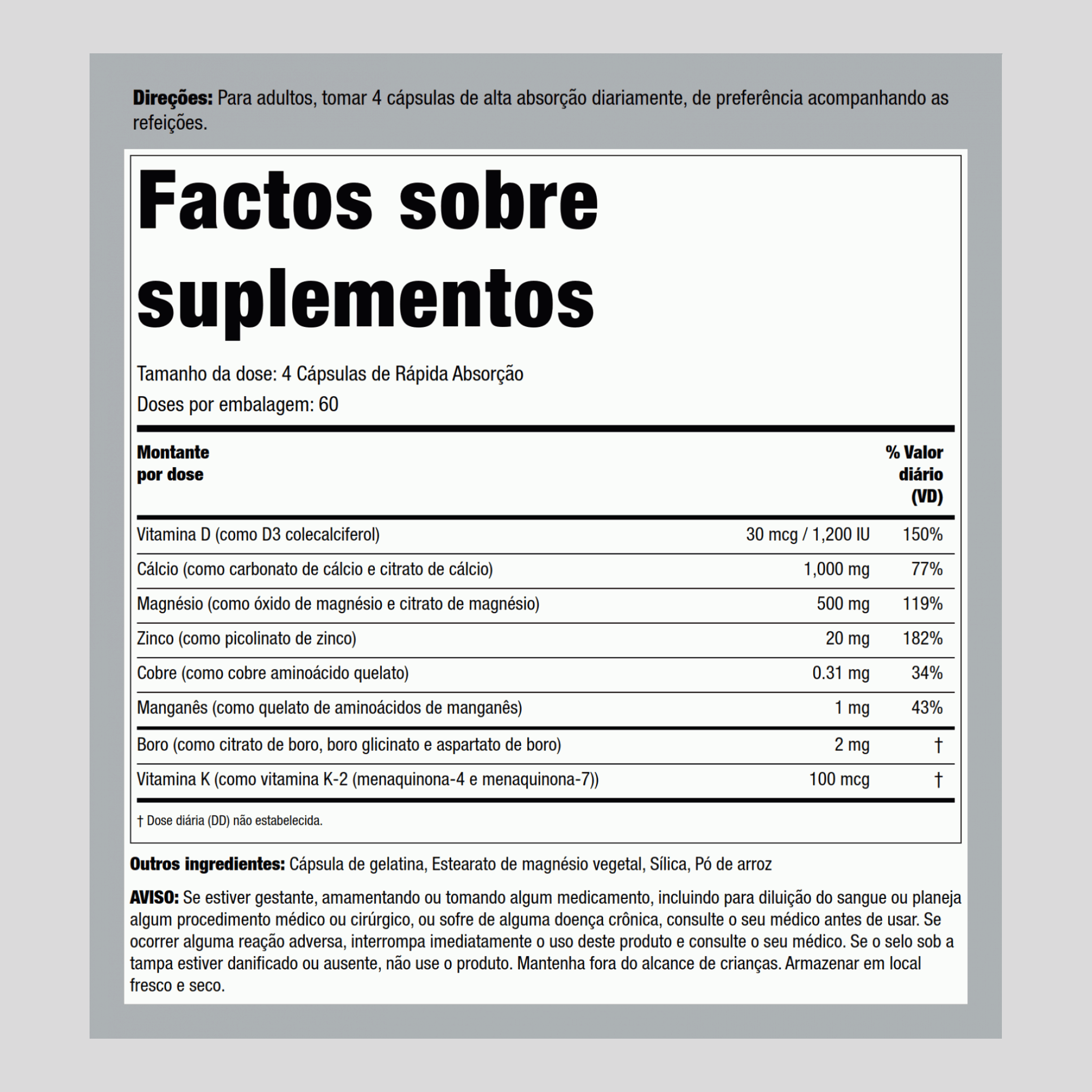 Complemento Ósseo com Vitamina K2 240 Cápsulas de Rápida Absorção       