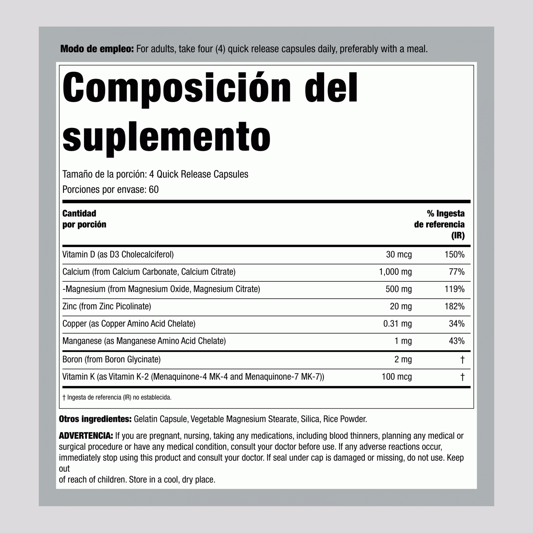 Soporte óseo con vitamina K2,  240 Cápsulas de liberación rápida 2 Botellas/Frascos