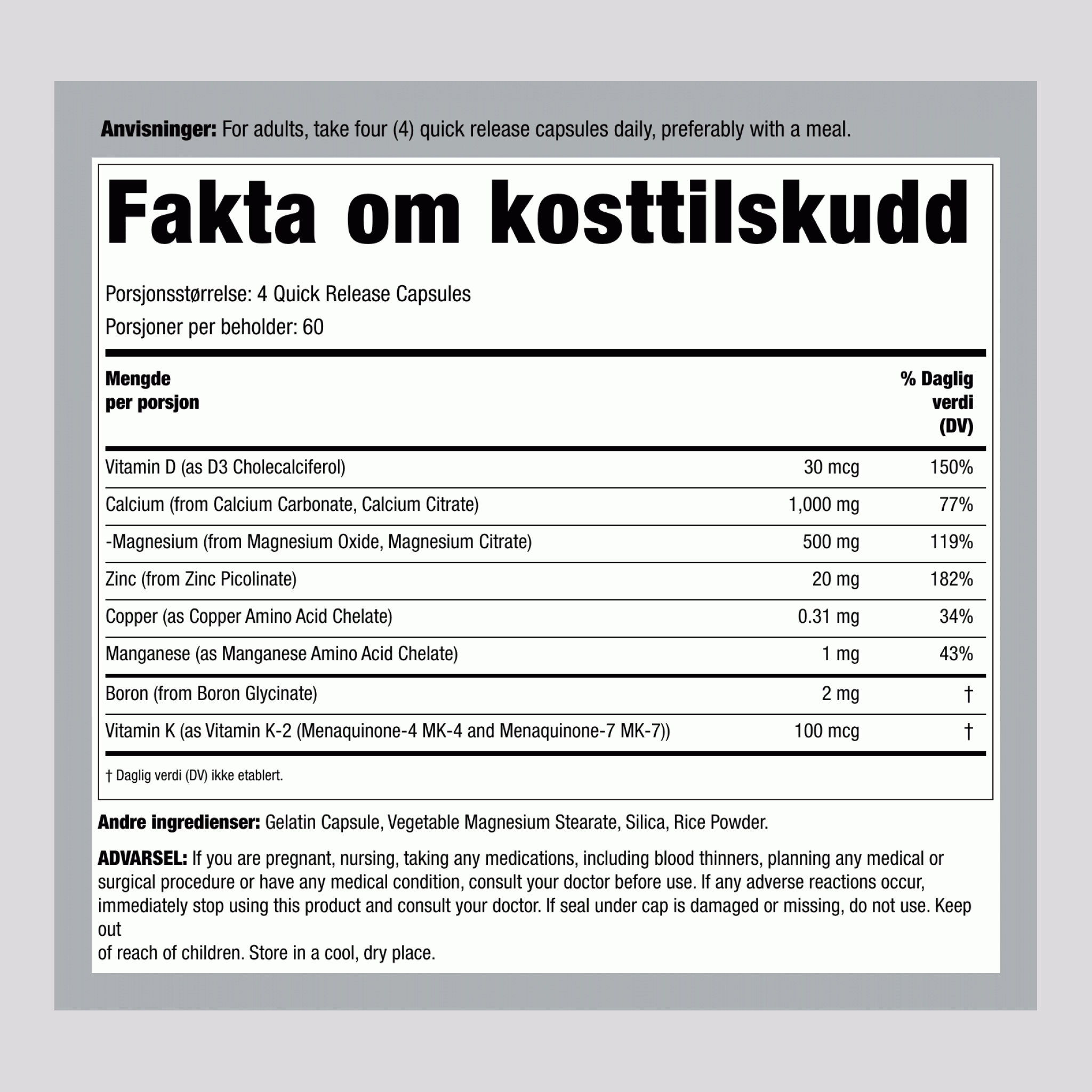 Godt for skjelettet, inneholder også vitamin K2,  240 Hurtigvirkende kapsler 2 Flasker