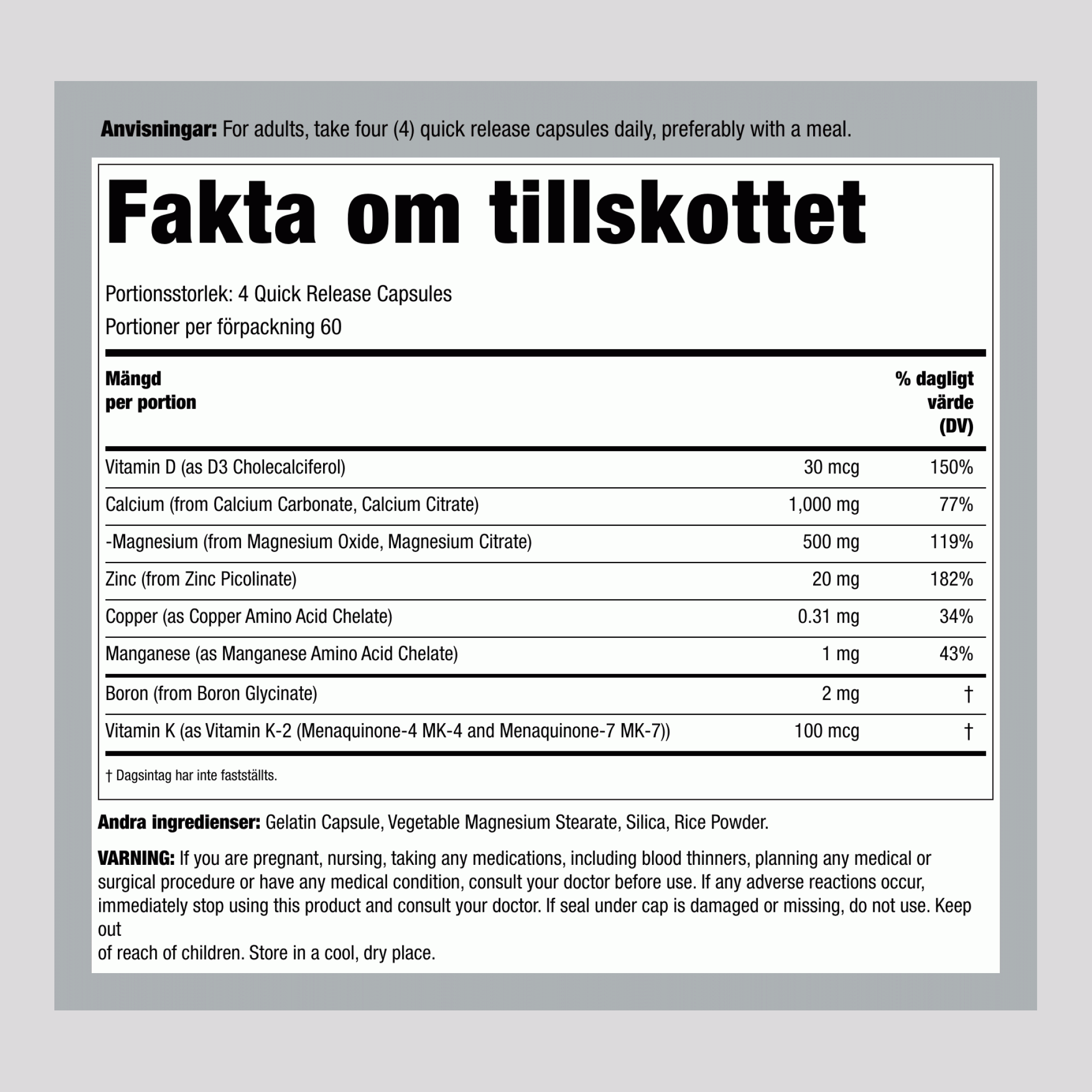 Podpora kostem z vitaminom K2,  240 Kapsule s hitrim sproščanjem 2 Steklenice