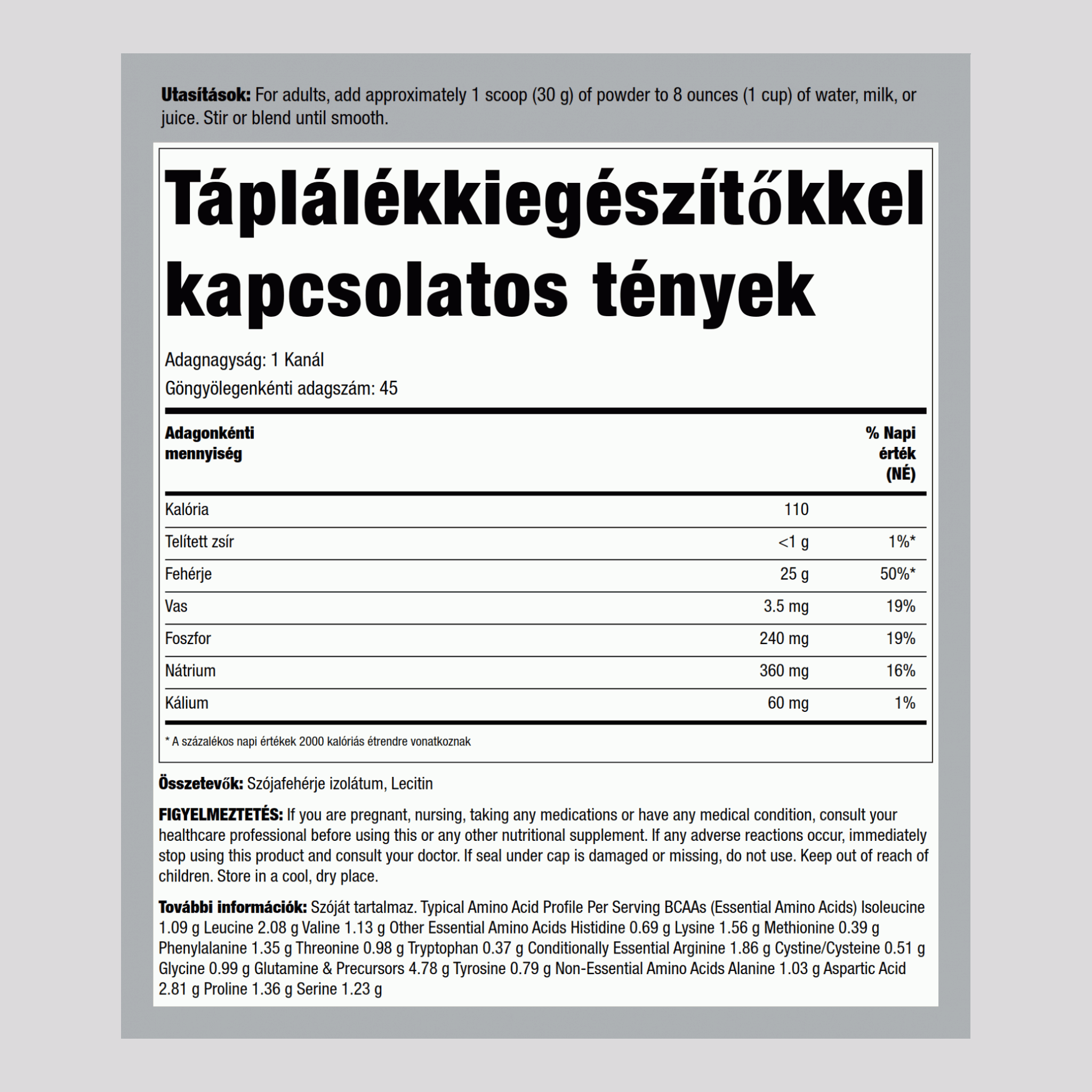 Szójafehérjeizolátum-por, ízesítés nélkül 3 font 1.362 Kg Palack    