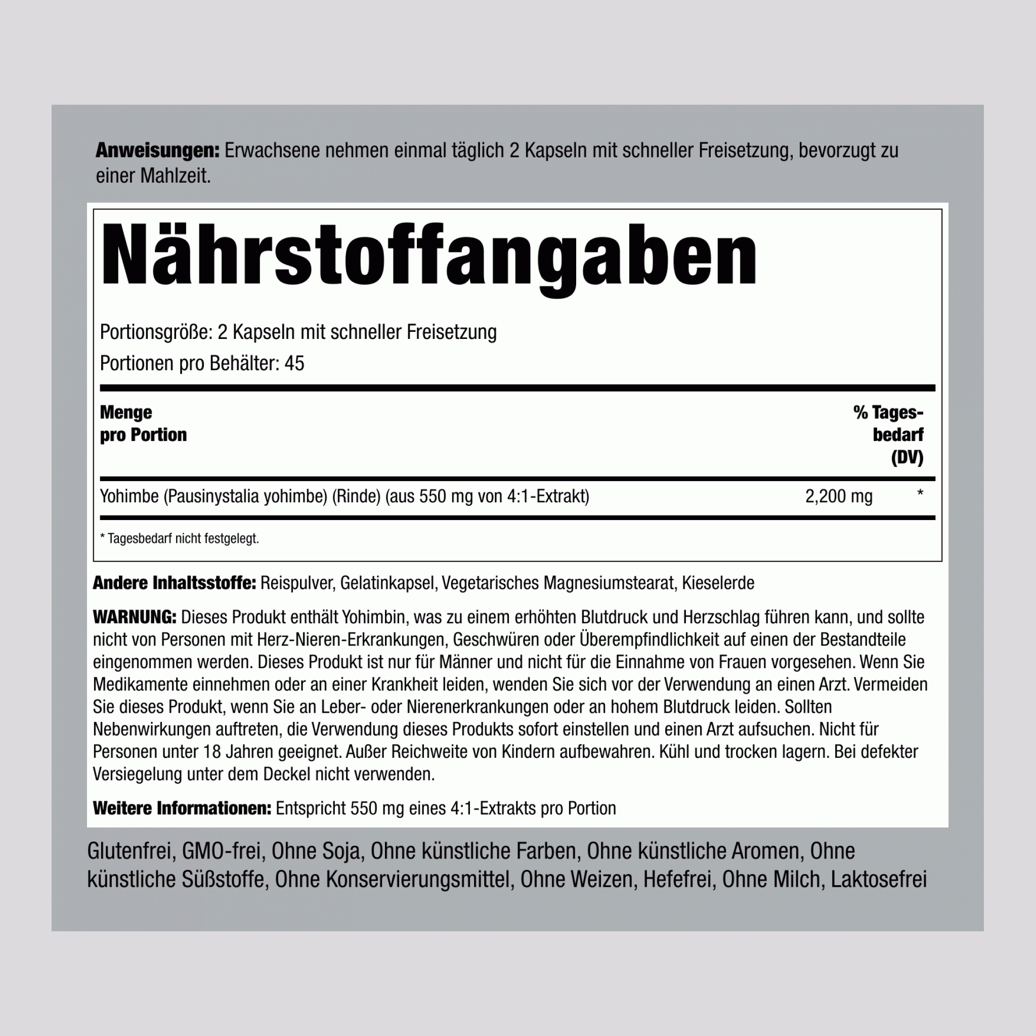 Yohimbe Max, 2200 mg (pro Portion), 90 Schnelllösliche Kapseln