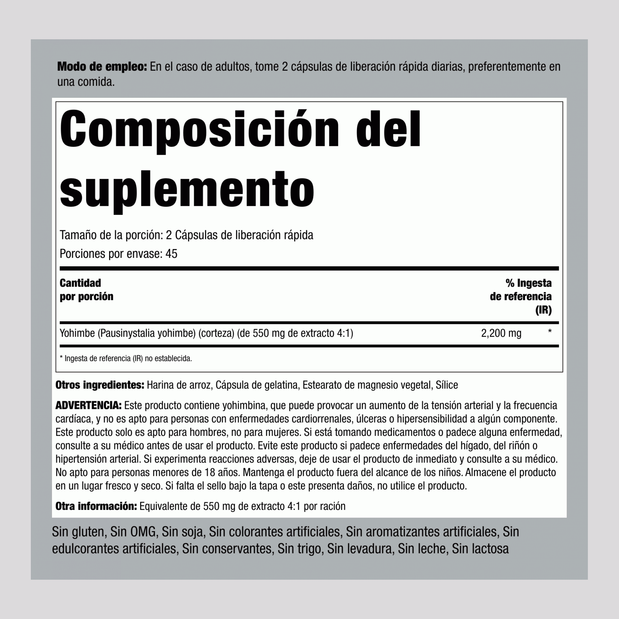 Yohimbe Max, 2200 mg (por porción), 90 Cápsulas de Liberación Rápida