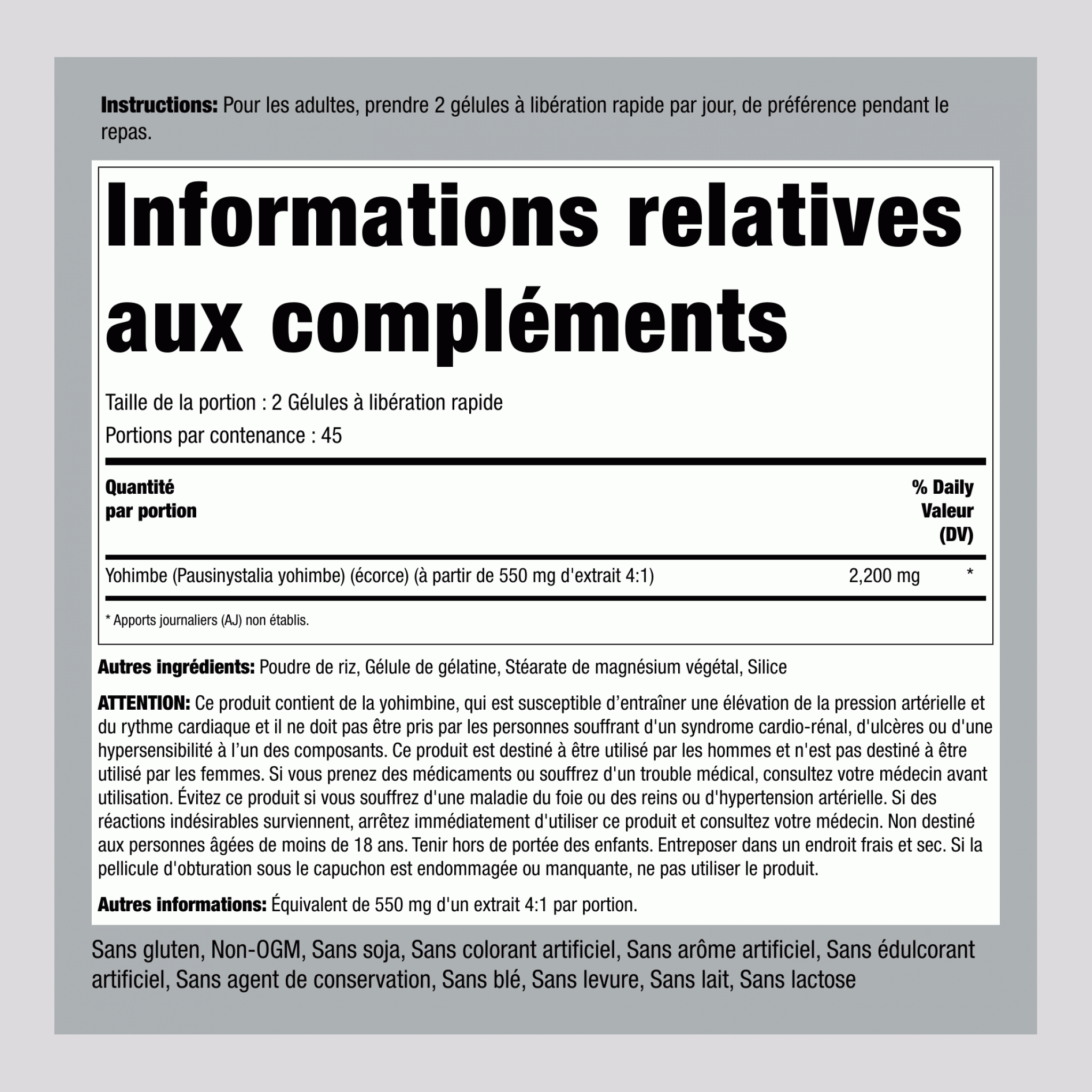 Yohimbe Max, 2200 mg (par portion), 90 capsules à libération rapide