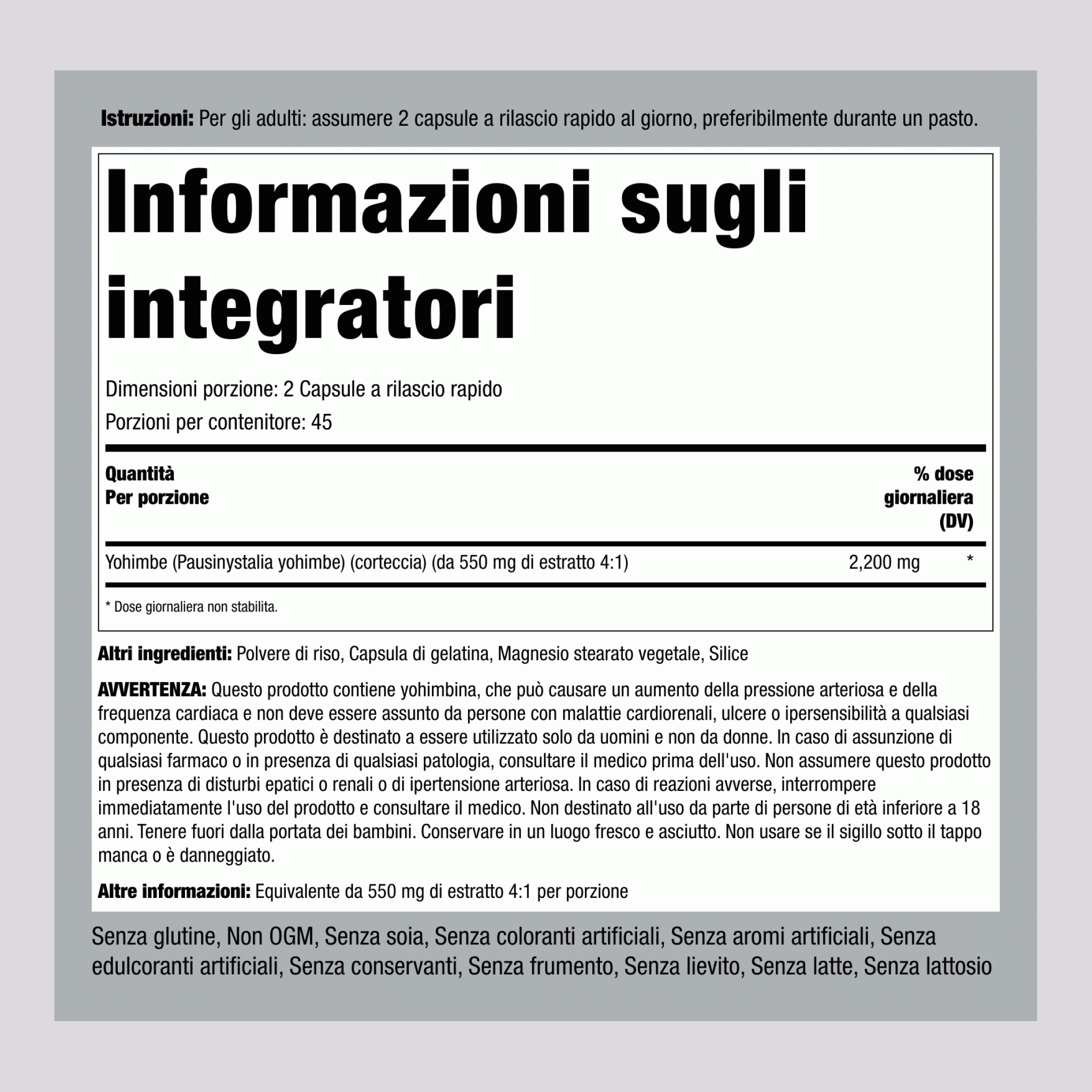 Yohimbe Max, 2200 mg (per dose), 90 capsule a rilascio rapido