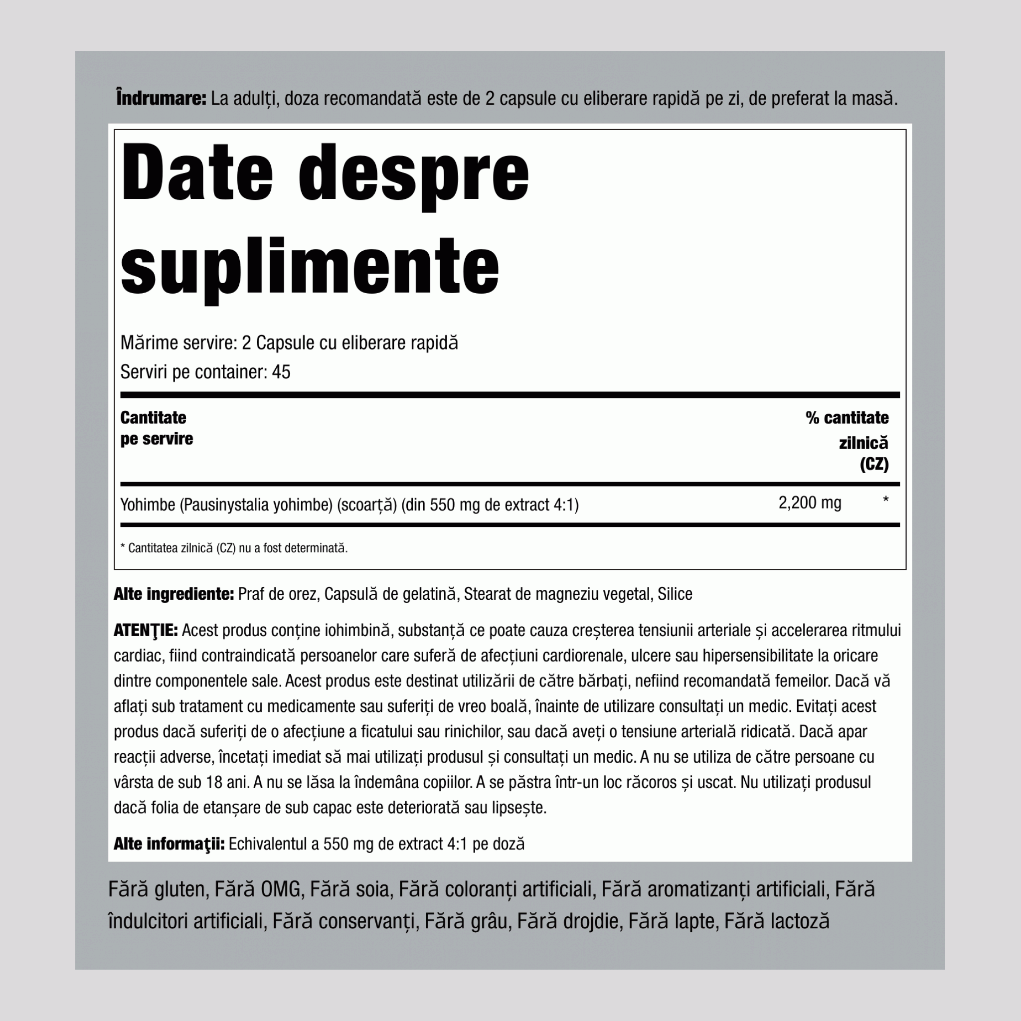 Yohimbe Max, 2200 mg (per porție), 90 Capsule cu Eliberare Rapidă