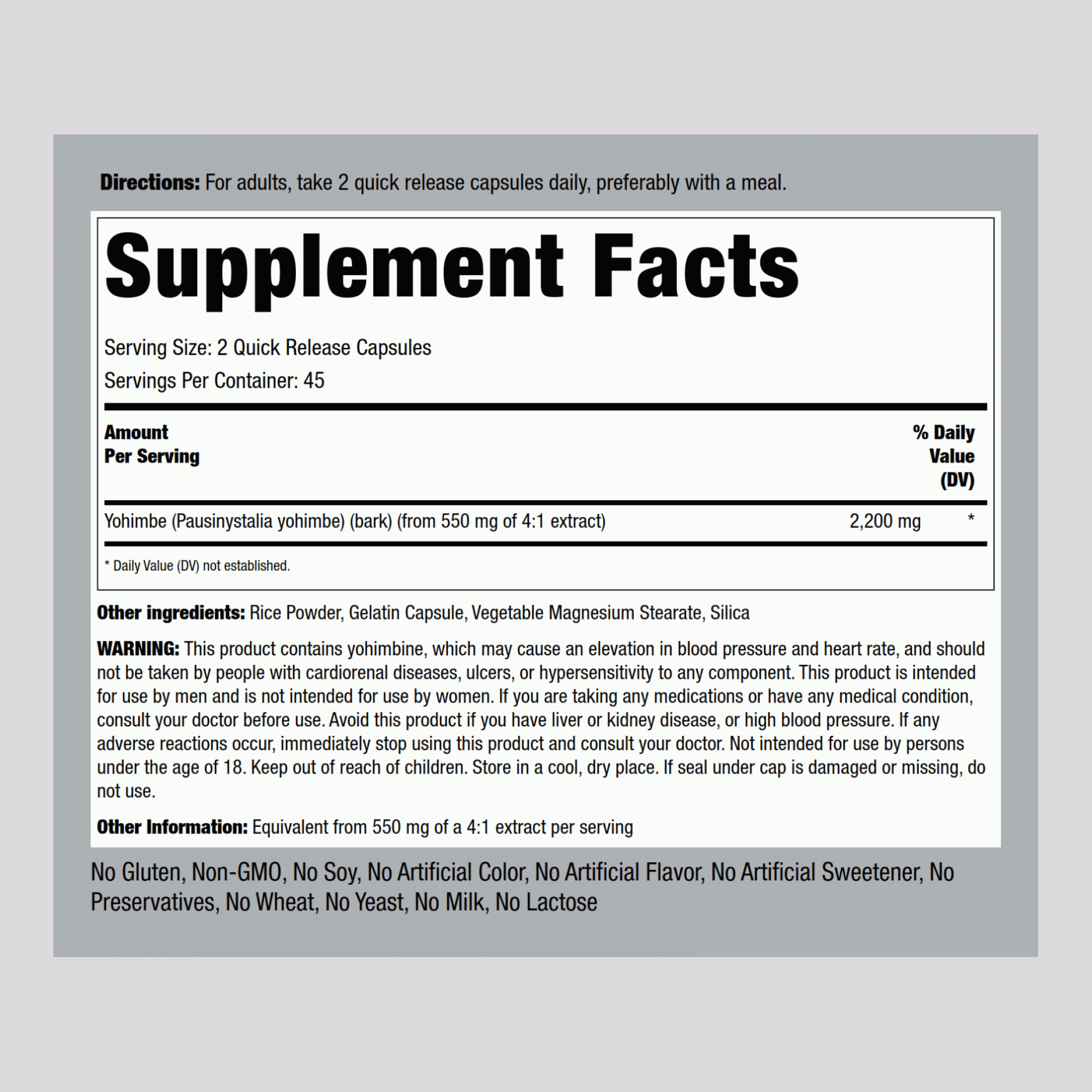 Yohimbe Max, 2200 mg (per serving), 90 Quick Release Capsules
