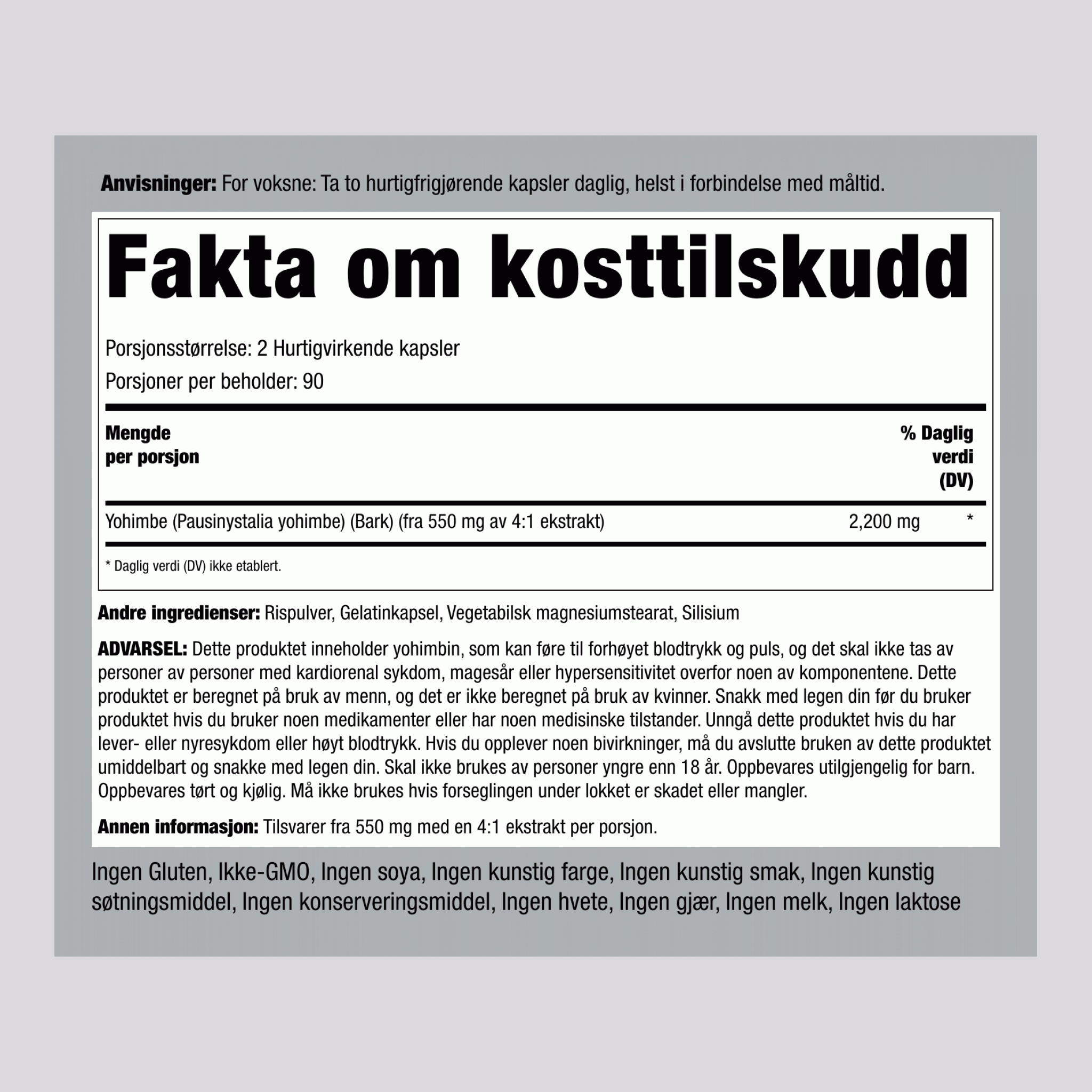 Yohimbe Max, 2200 mg (per porsjon), 180 Kapsler med Rask Frigivelse