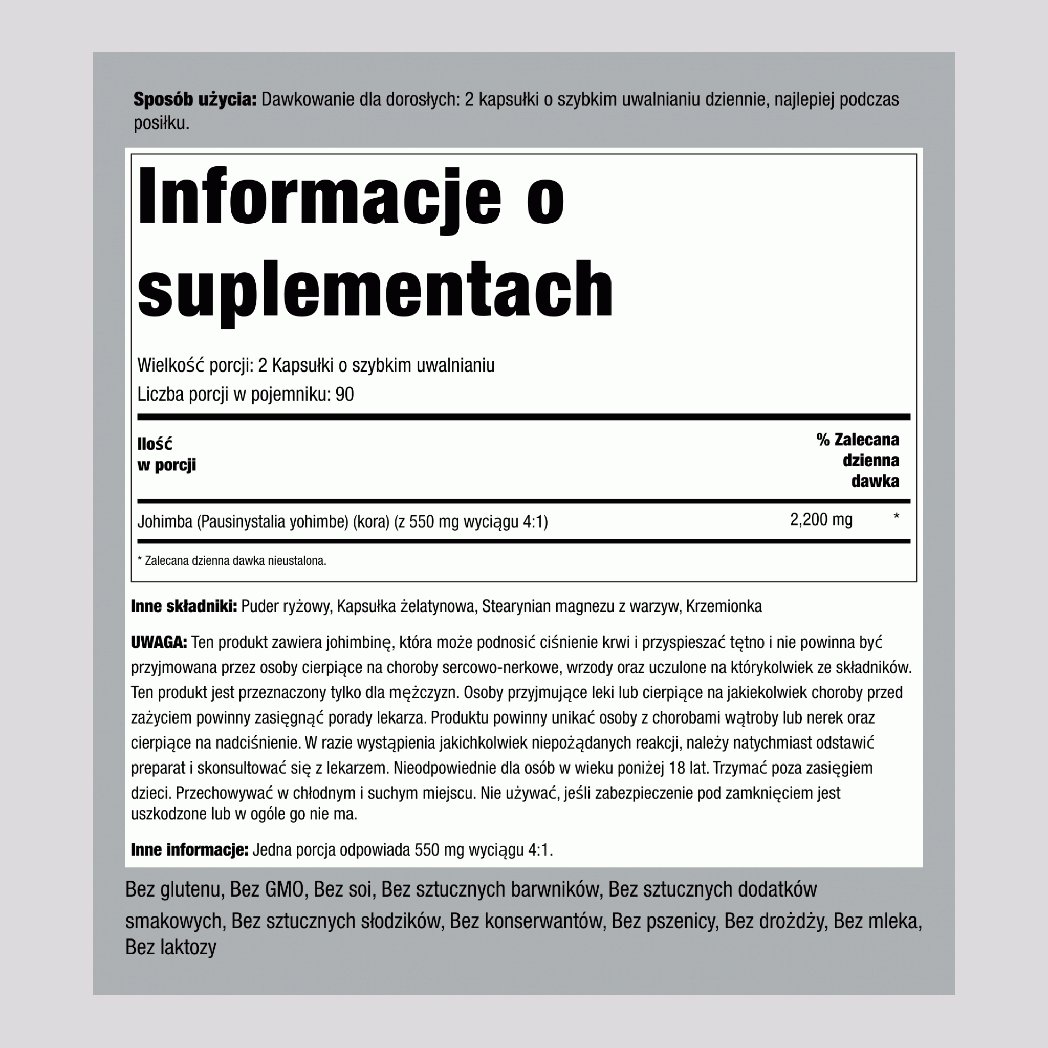 Yohimbe Max, 2200 mg (na porcję), 180 Kapsułek Szybkiego Uwolnienia