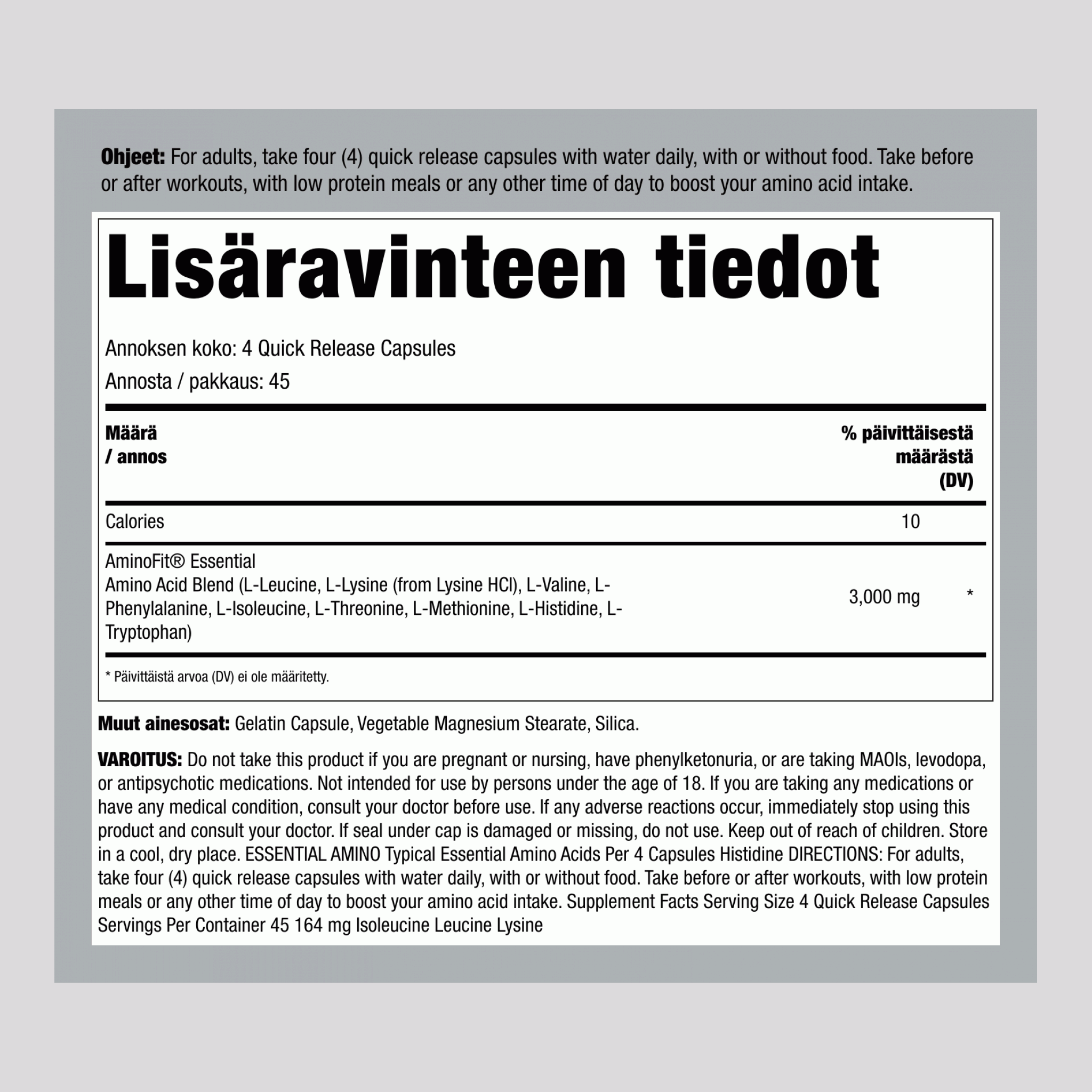 AminoFit 3000 mg 180 Pikaliukenevat kapselit 2 Pulloa     