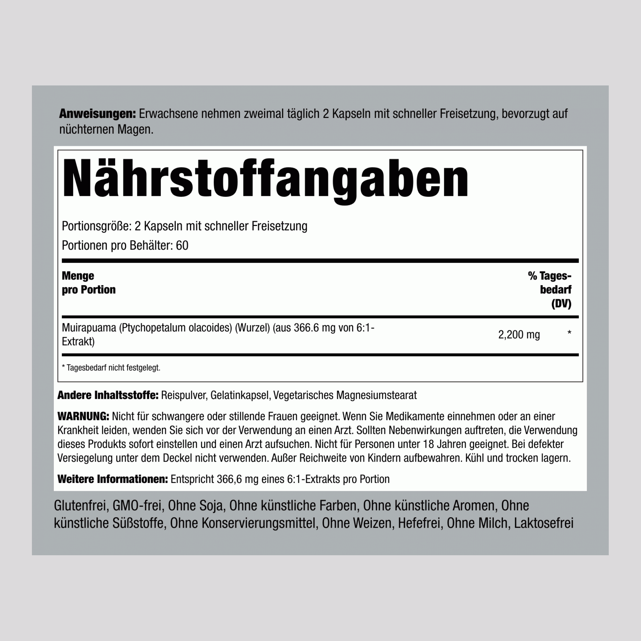 Muira Puama  2200 mg (pro Portion) 120 Kapseln mit schneller Freisetzung    