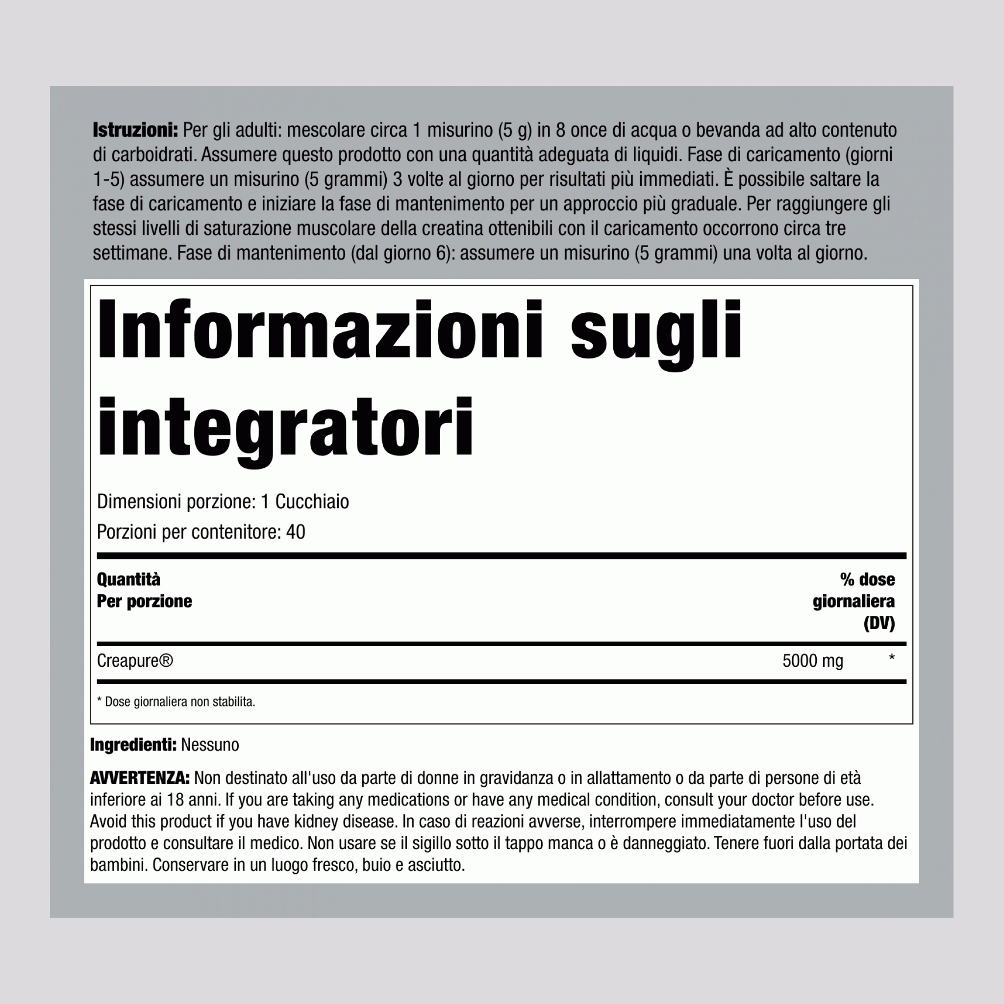 German Creatina monoidrato (Creapure) 5000 mg (per dose) 7.05 oz 200 g Bottiglia  
