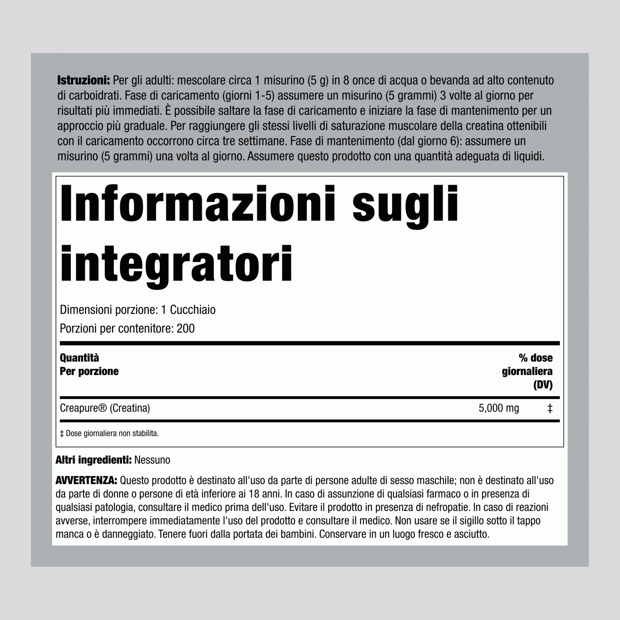 German Creatina monoidrato (Creapure) 5000 mg (per dose) 2.2 lb 1000 g Bottiglia  
