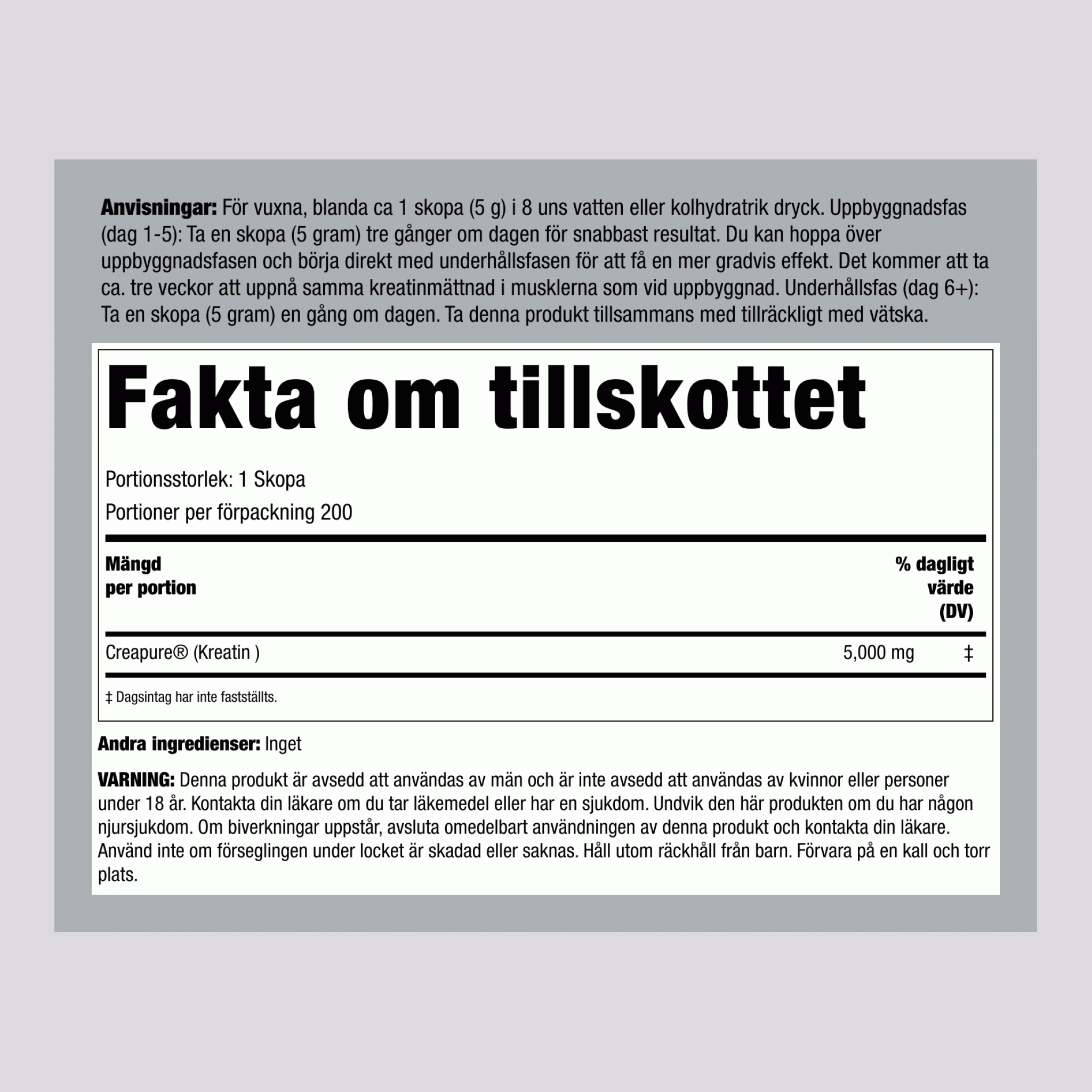 German Kreatin monohydrat (Creapure) 5000 mg (per portion) 2.2 kg 1000 g Flaska  