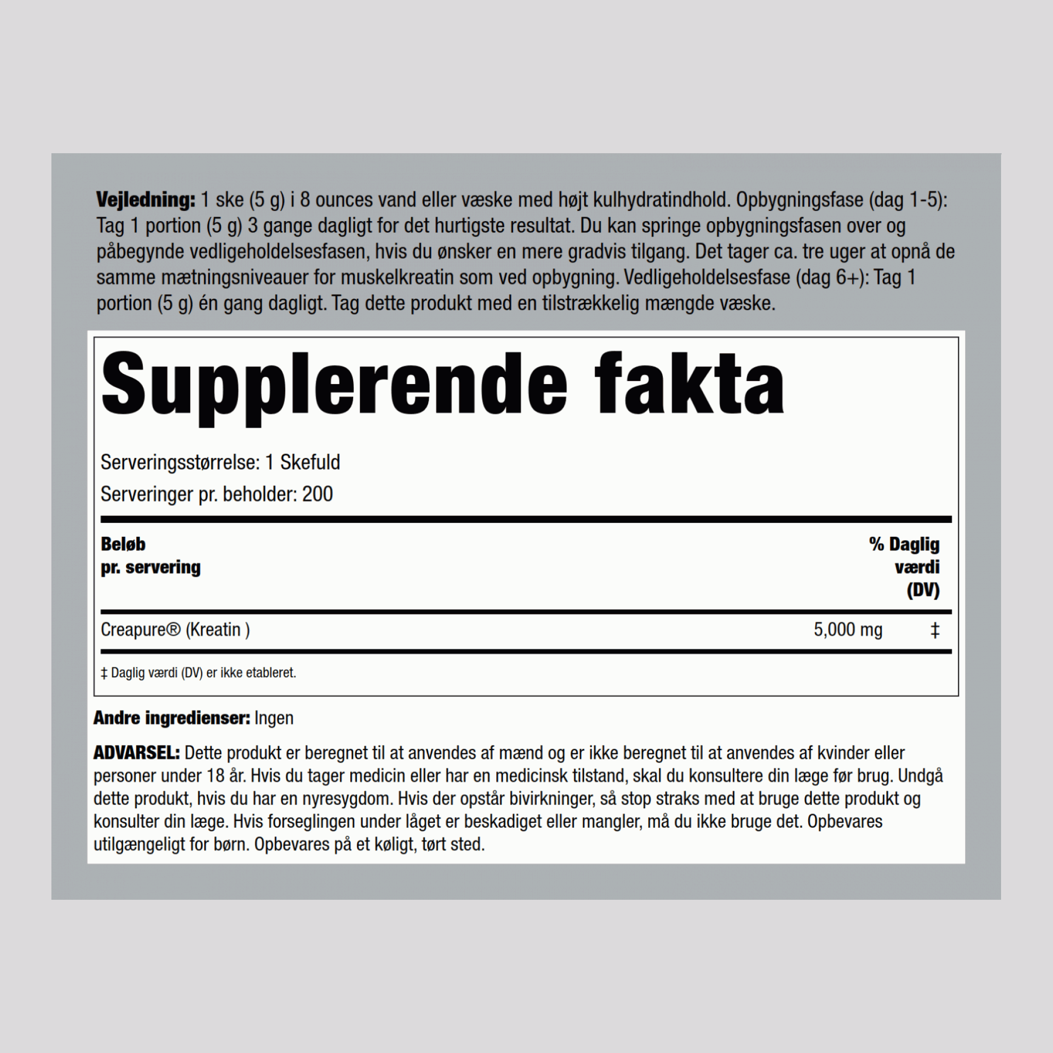 Tysk Kreatin-monohydrat (Creapure) 5000 mg (pr. dosering) 2.2 pund 1000 g Flaske  