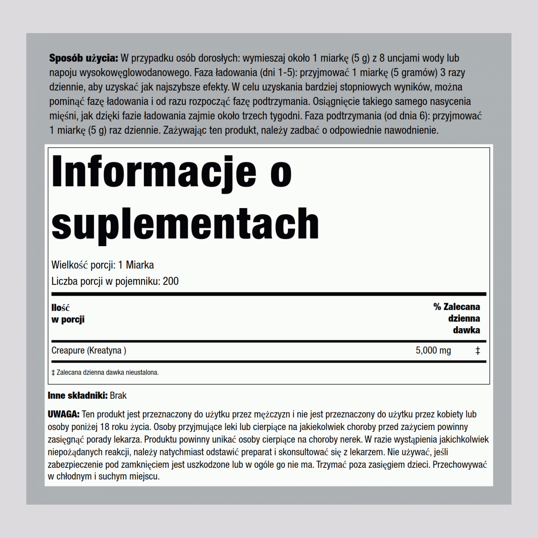 Niemiecka Monohydrat kretyny (Creapure) 5000 mg (na porcję) 2.2 lb 1000 g Butelka  