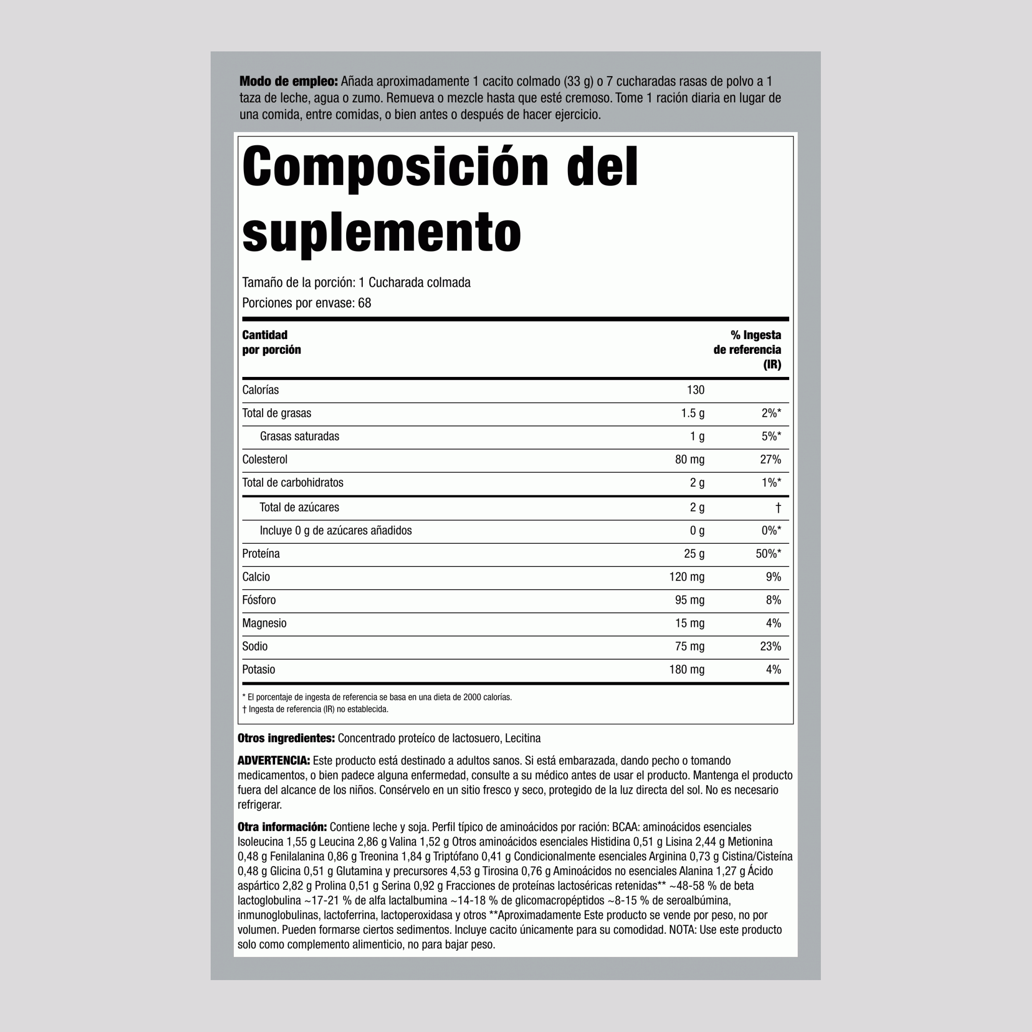 proteína de suero de leche (sin saborizantes ni endulzantes) 5 lb 2.268 Kg Botella/Frasco    