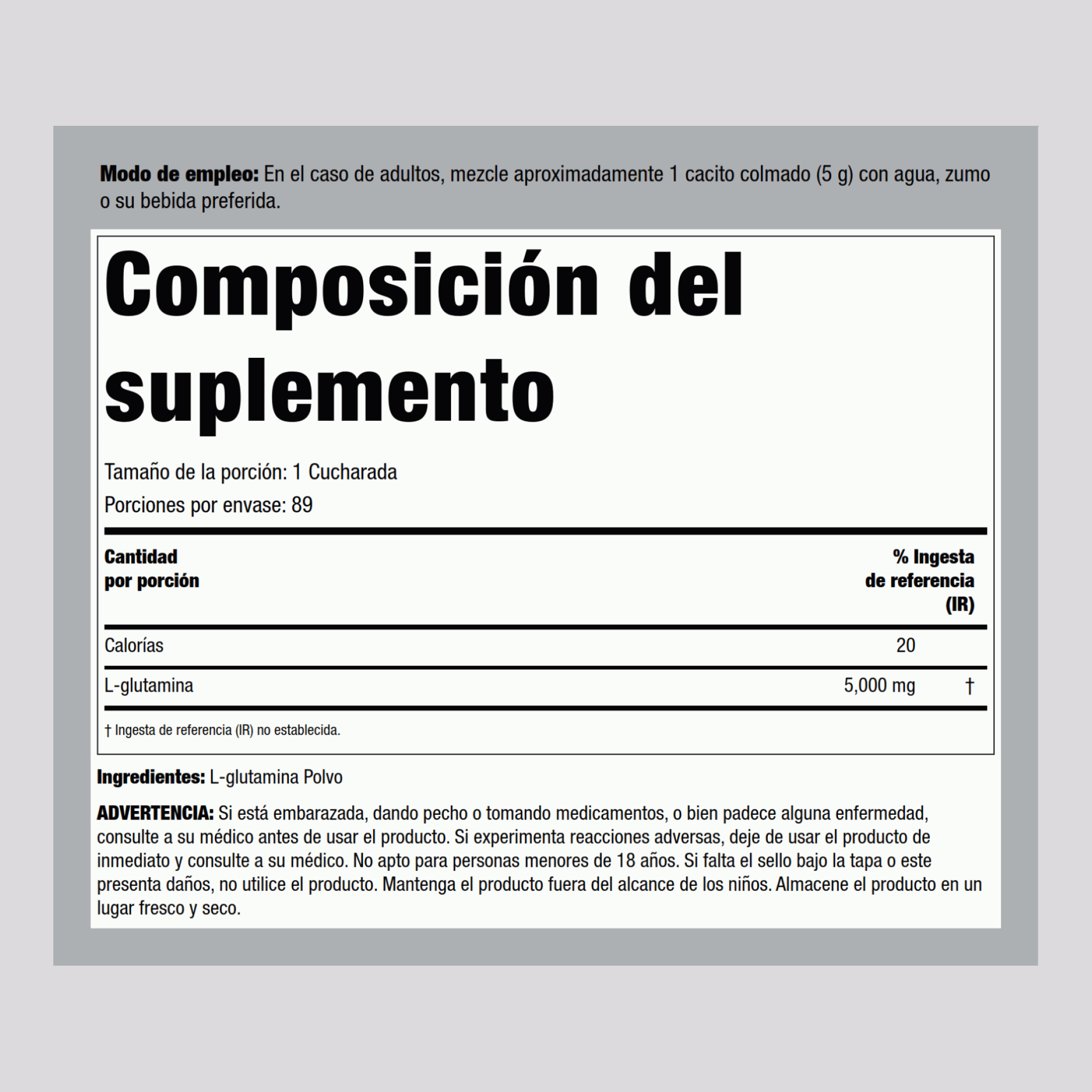 L-glutamina en polvo 5000 mg 1 lb 454 g Botella/Frasco  