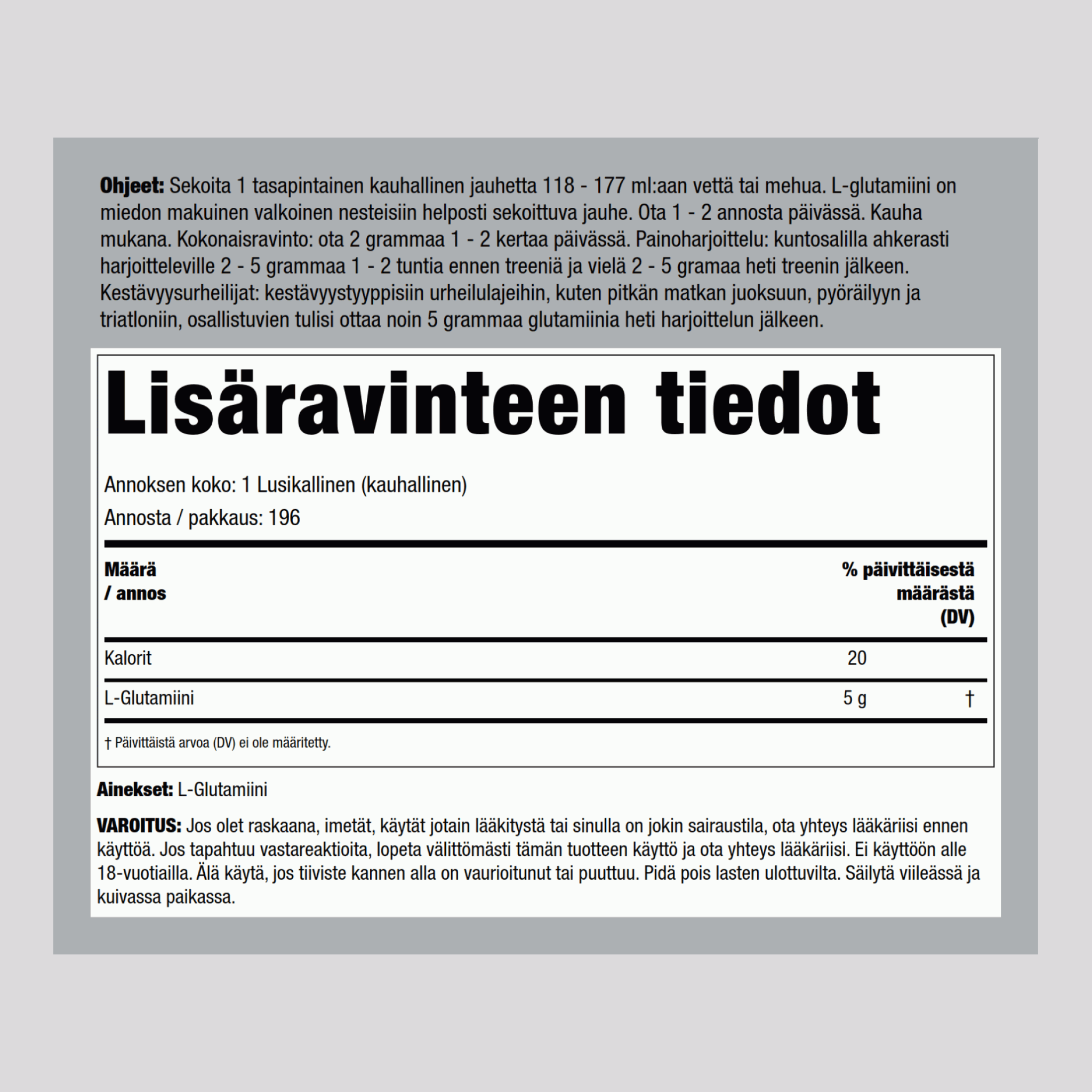 L-glutamiinijauhe 5000 mg 2.2 lbs 1000 g Pullo  