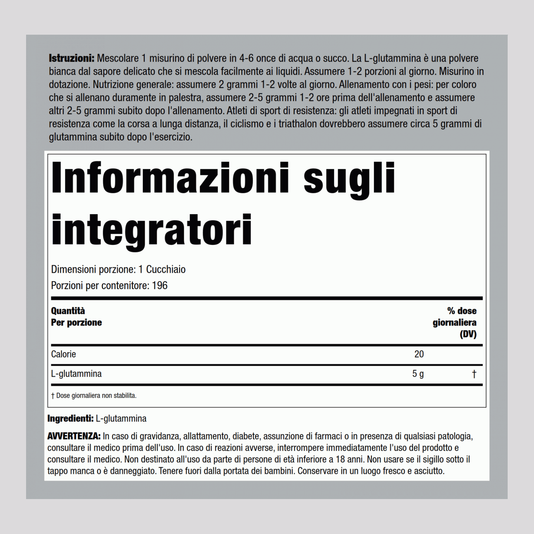 L-glutammina in polvere 5000 mg 2.2 lb 1000 g Bottiglia  