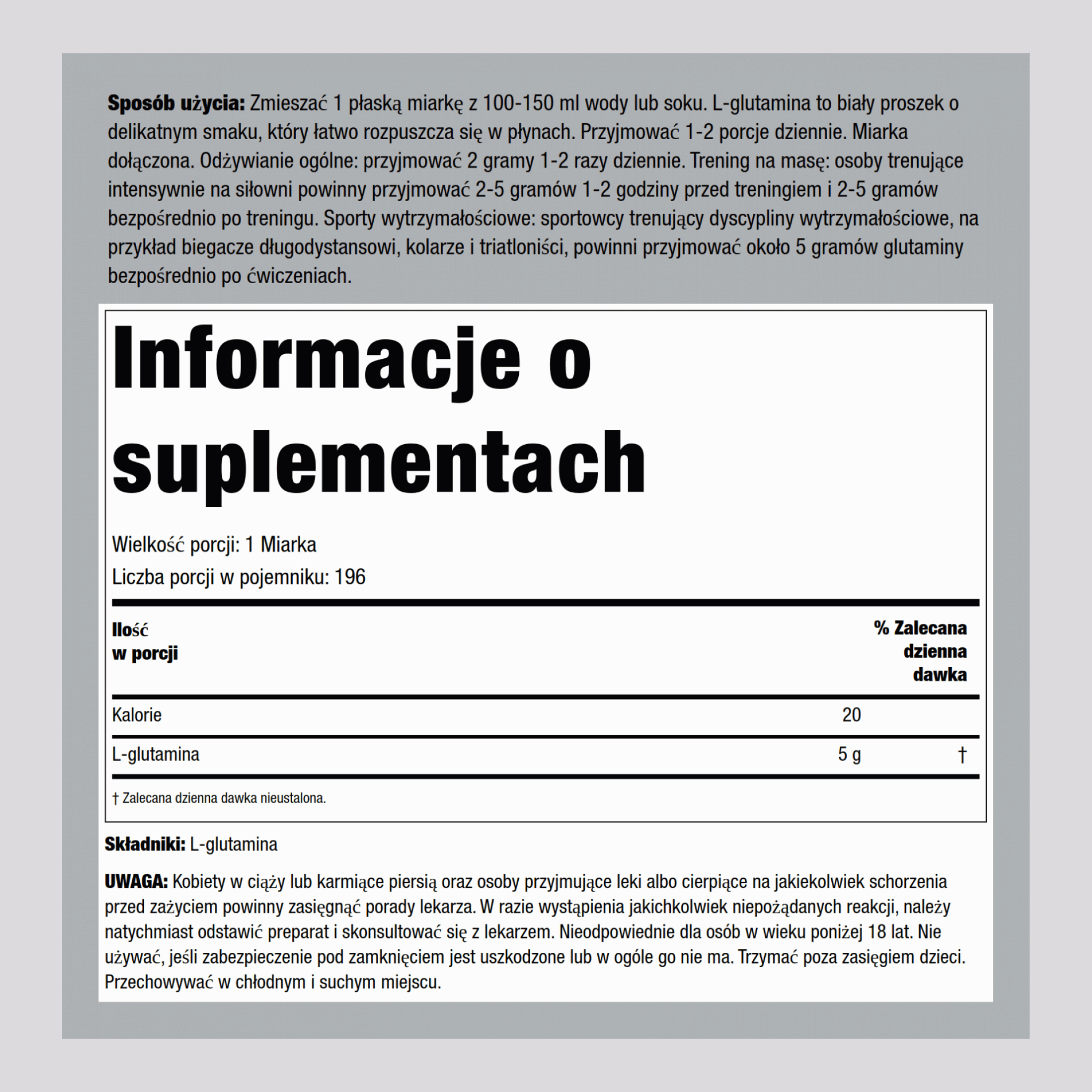 L-glutamina w proszku 5000 mg 2.2 lbs 1000 g Butelka  