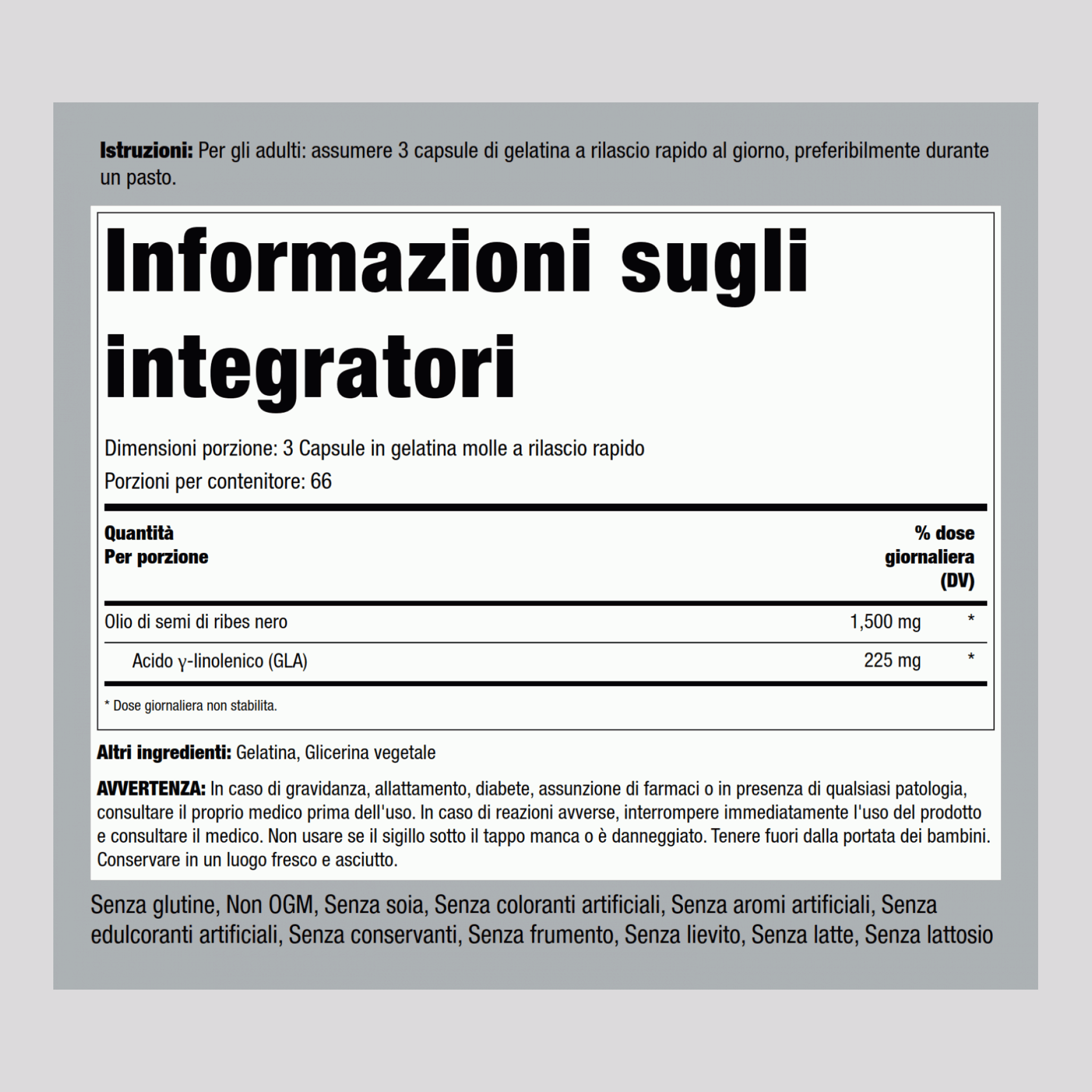 Olio di semi di ribes nero  1500 mg (per dose) 200 Capsule in gelatina molle a rilascio rapido 2 Bottiglie   