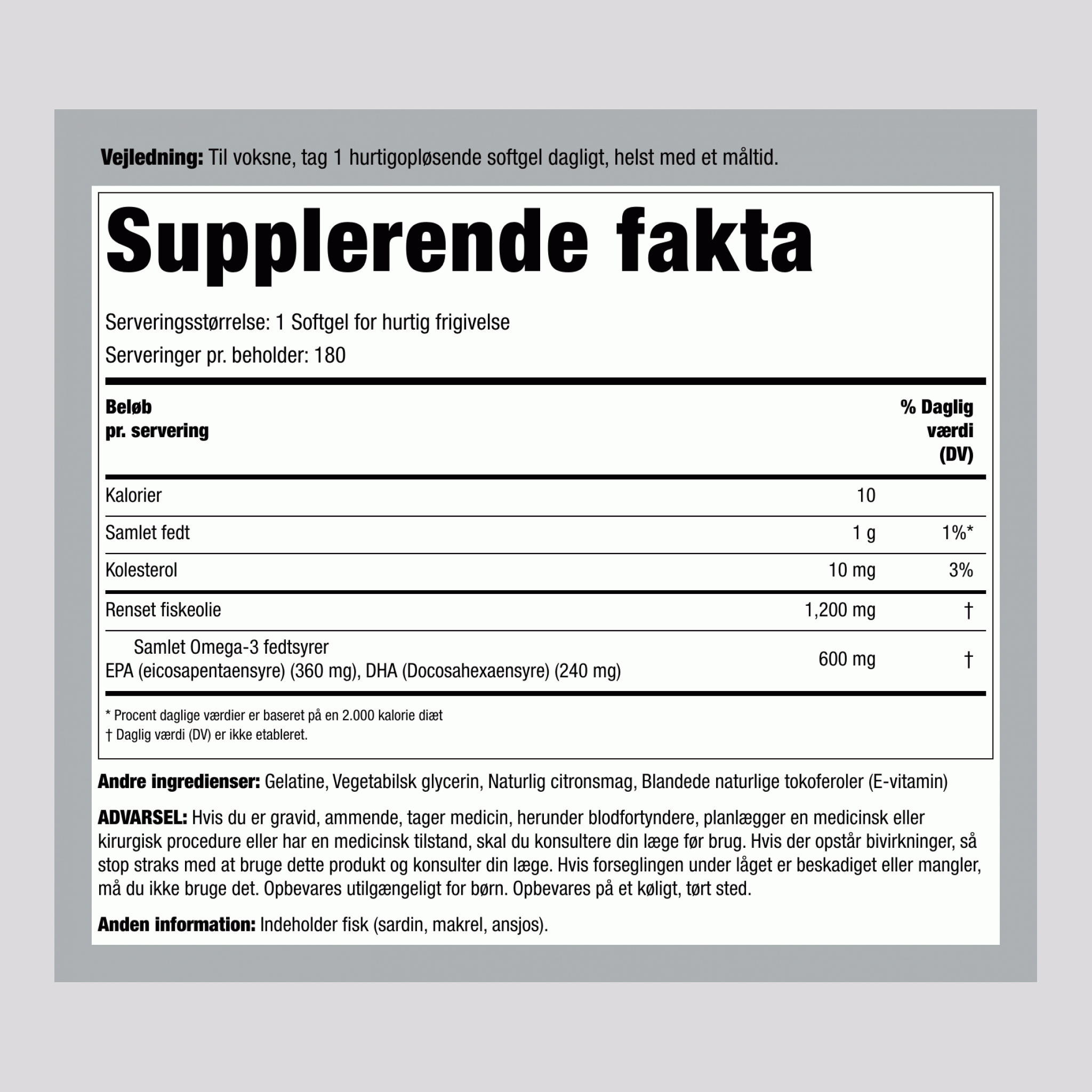 Omega-3-fiskeolie (dobbeltstyrke) 1200 mg 180 Soft-gels     