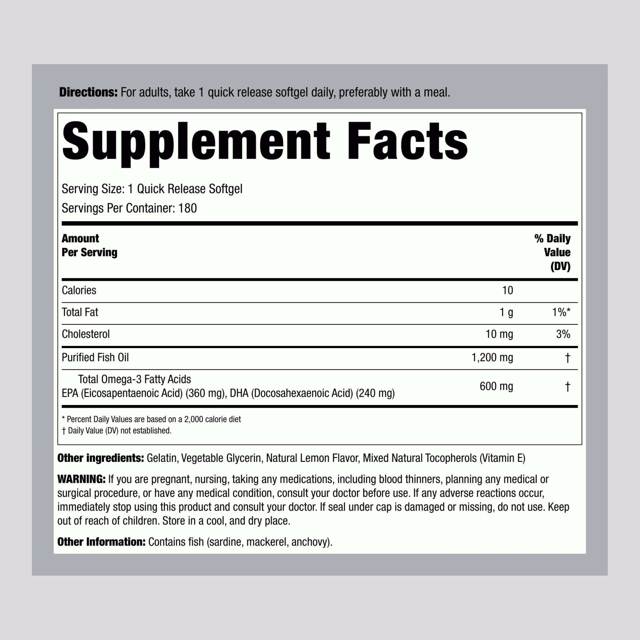 Omega-3 Fish Oil (Double Strength), 1200 mg, 180 Softgels