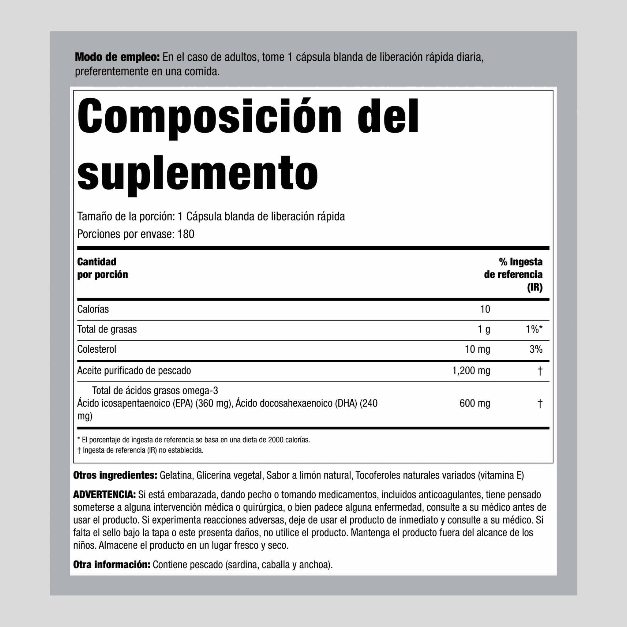 Aceite de pescado con omega-3 (doble fuerza) 1200 mg 180 Perlas     