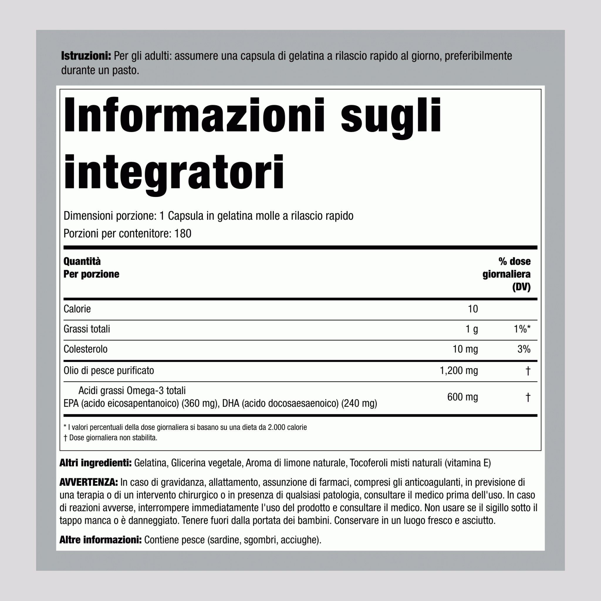 Olio di pesce Omega-3 (intensità doppia) 1200 mg 180 Capsule molli     
