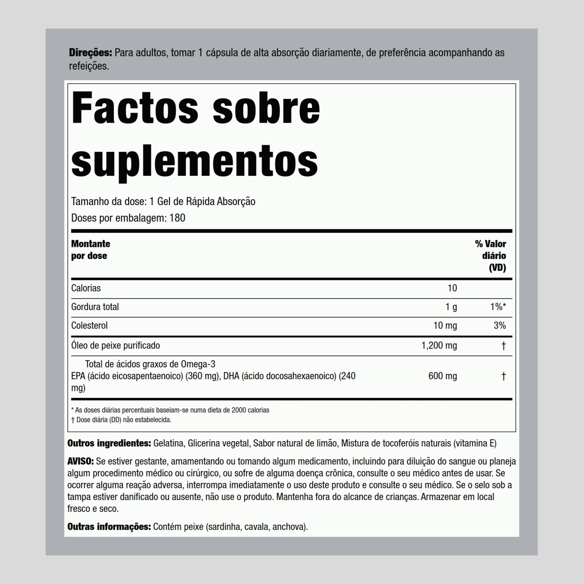 Óleo de Peixe Ômega 3 (dupla força) 1200 mg 180 Cápsulas gelatinosas     