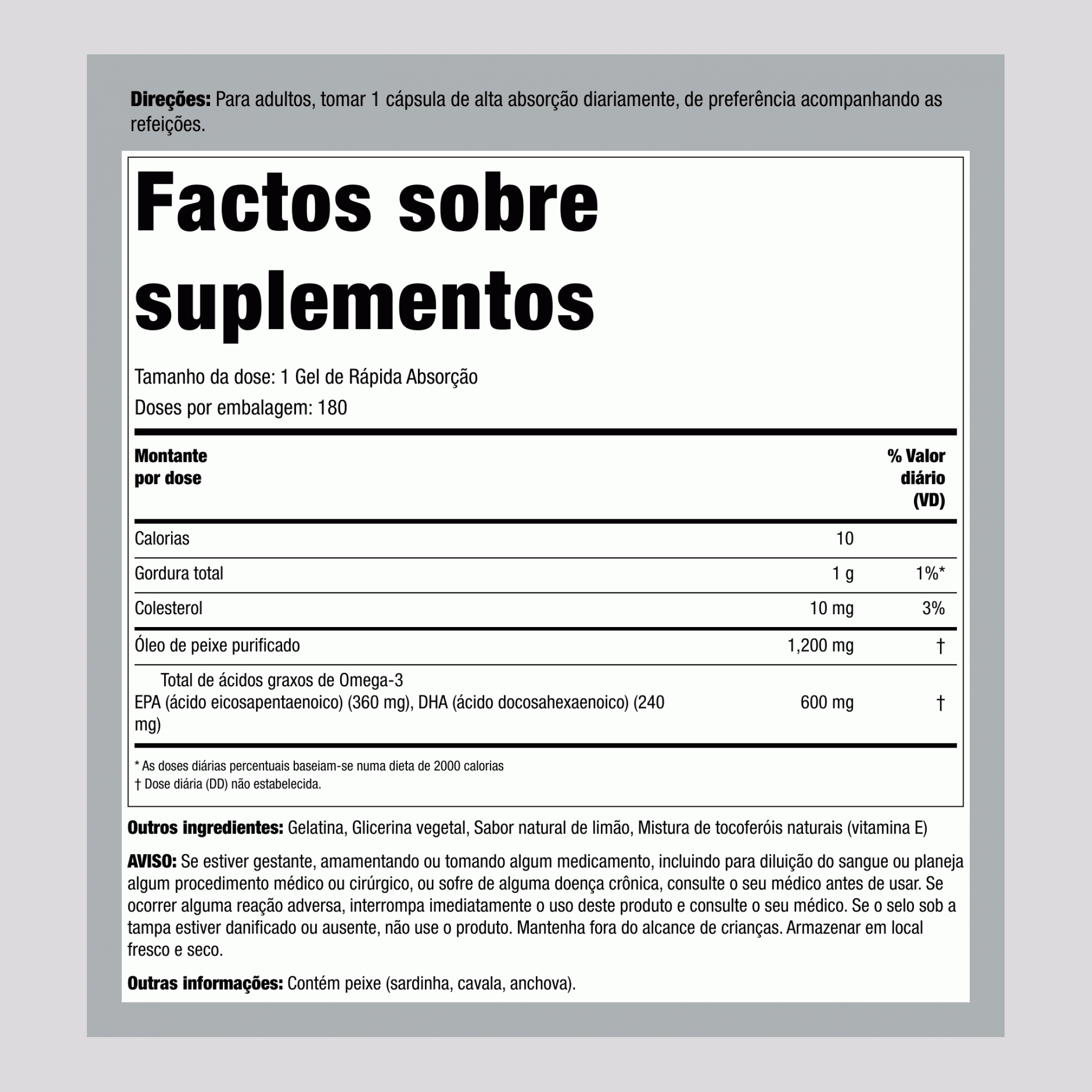 Óleo de Peixe Ômega 3 (dupla força) 1200 mg 180 Cápsulas gelatinosas     