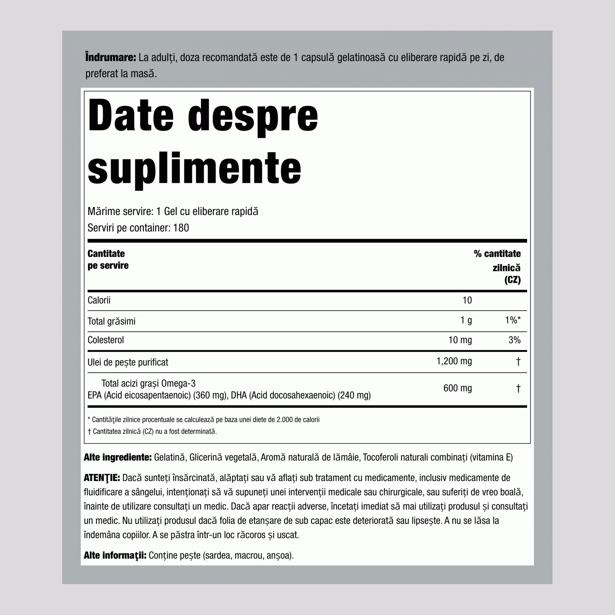 Ulei de pește Omega-3 (putere dublă) 1200 mg 180 Capsule moi     