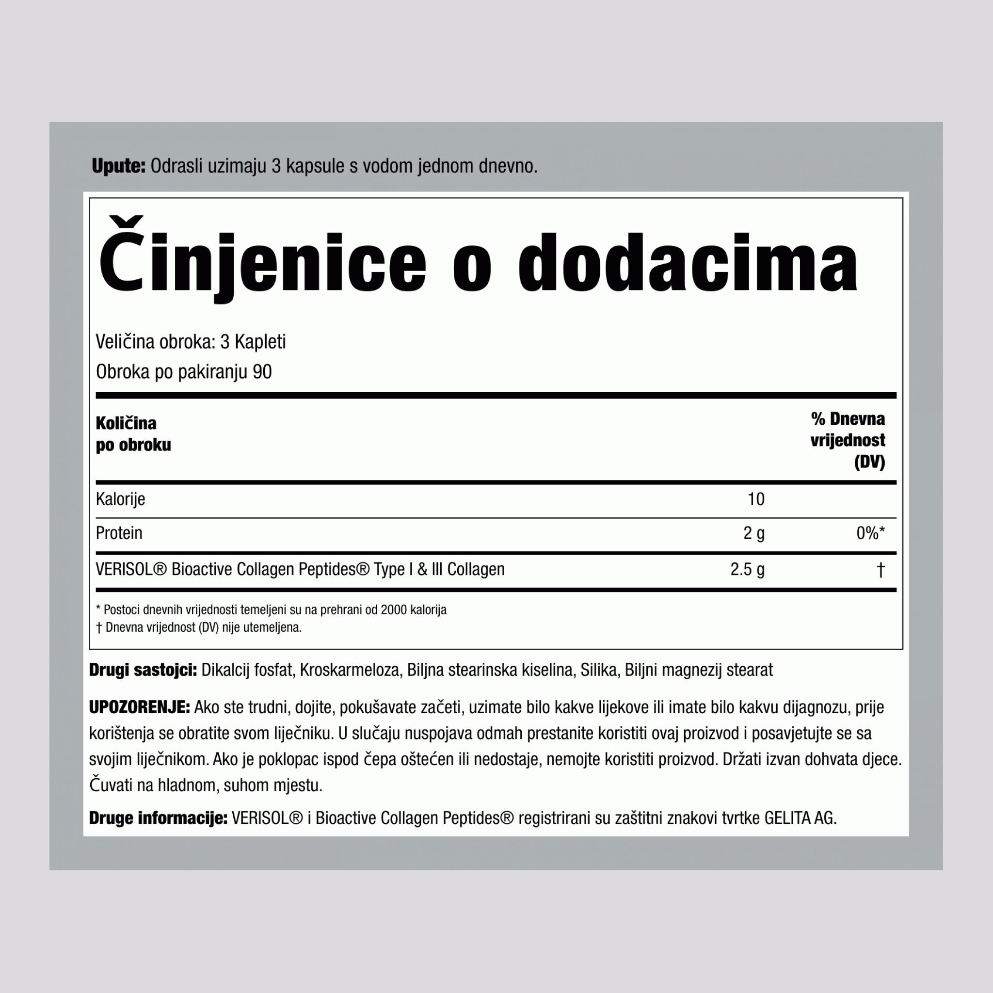 Pomlađivač kože s Verisol bioaktivnim kolagenskim peptidima, 270 tableta