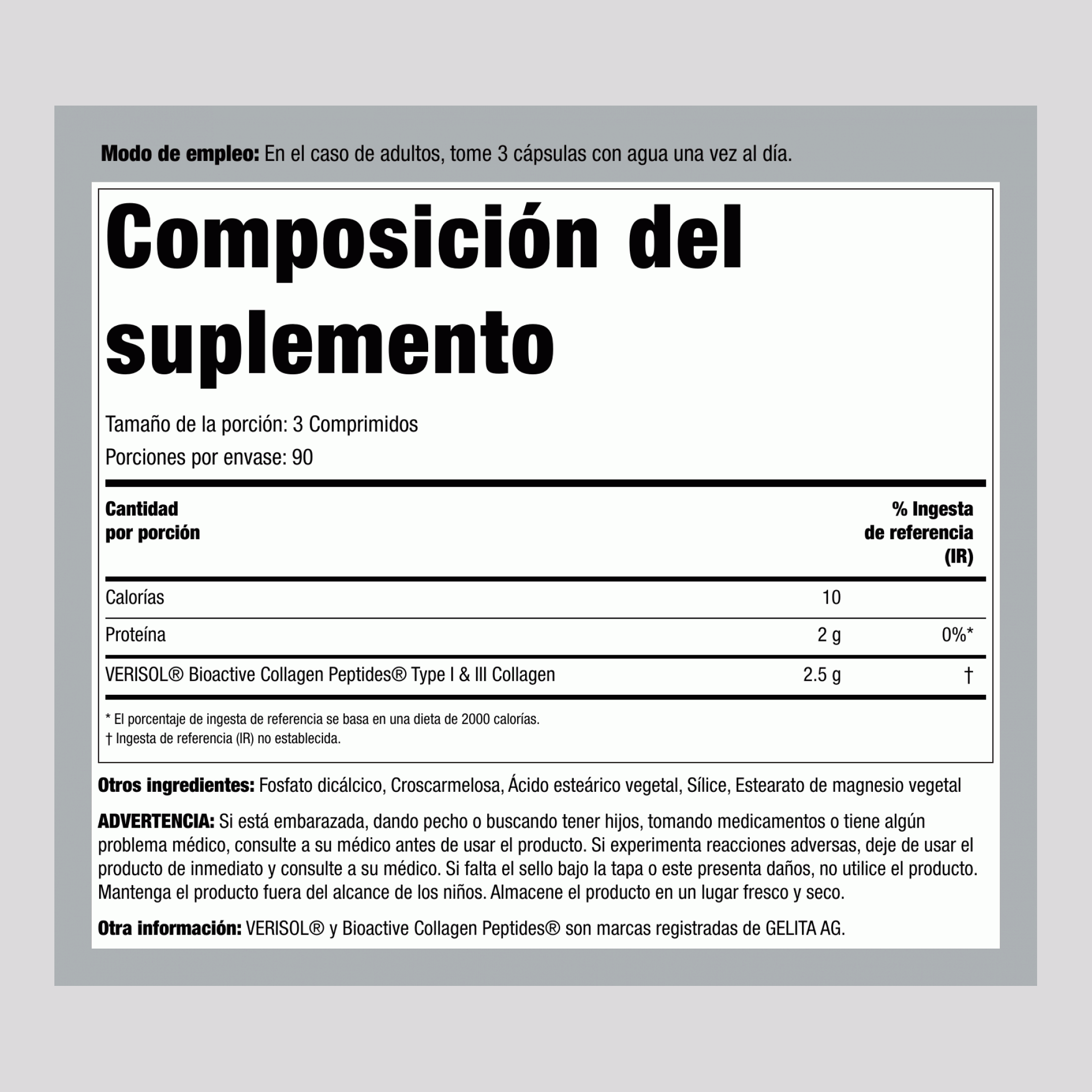 Rejuvenecedor de Piel con Péptidos de Colágeno Bioactivo Verisol, 270 Comprimidos, 2 Botellas
