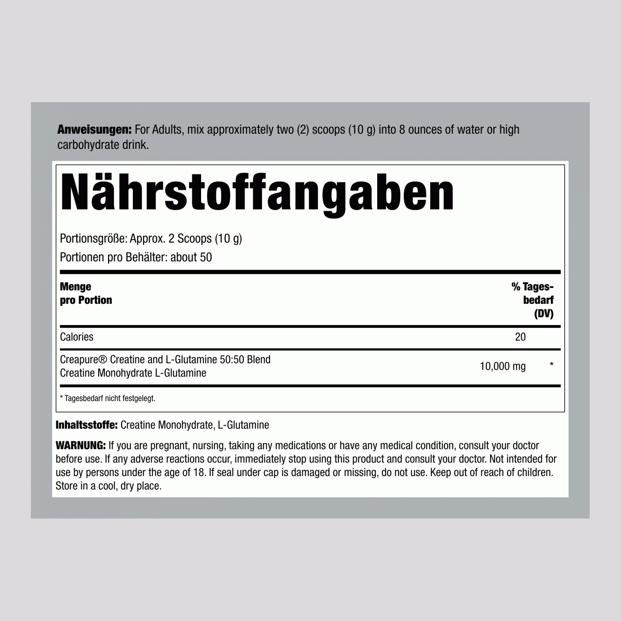 German Kreatin-Monohydrat (Creapure) & L-Glutaminpulver (50:50 Mischung) 10 Gramm (pro Portion) 1.1 lb 500 g Flasche  