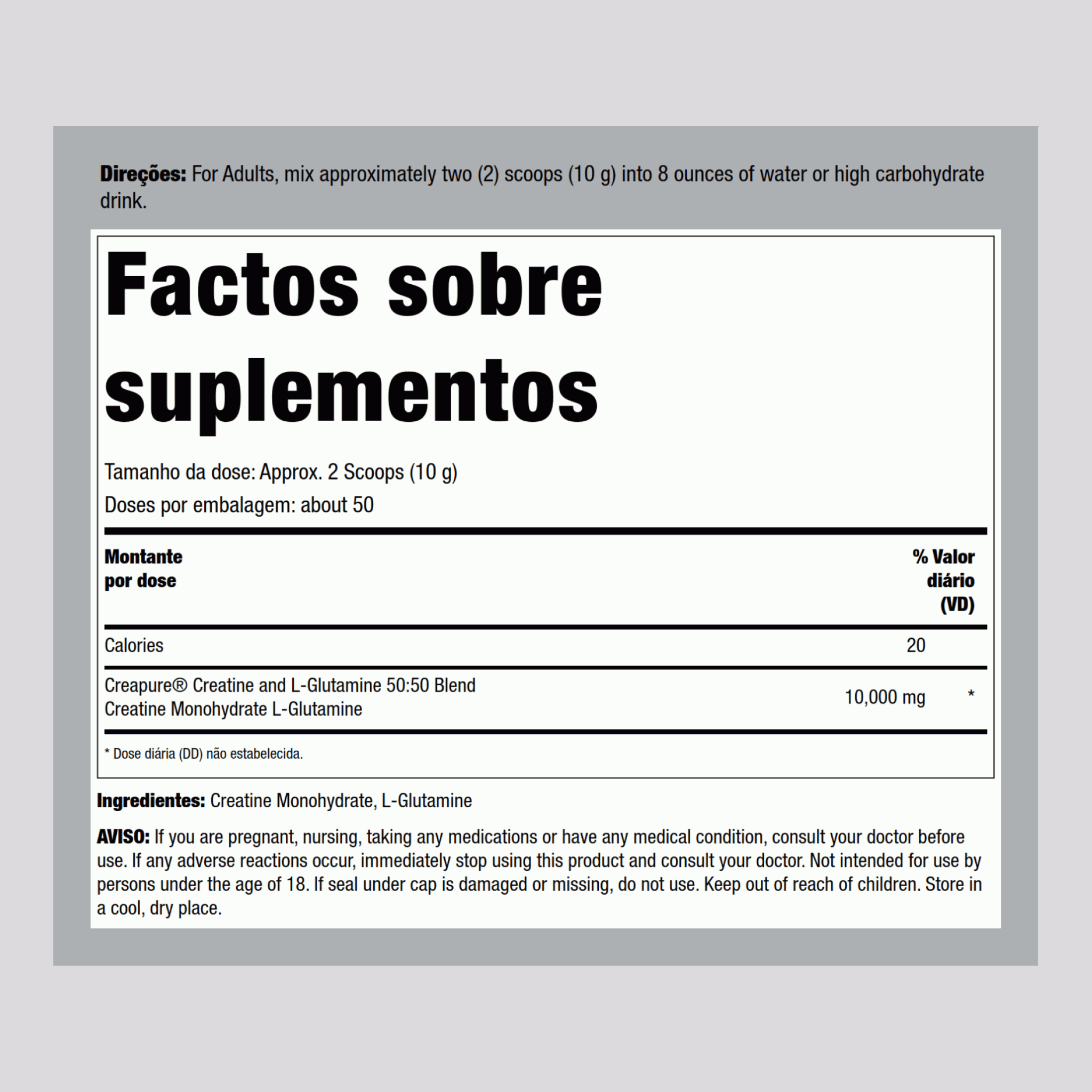 Alemã Monoidrato de creatina (Creapure) & Pó de L-glutamina (50:50 Composto) 10 gramas (por porção) 1.1 lb 500 g Frasco  